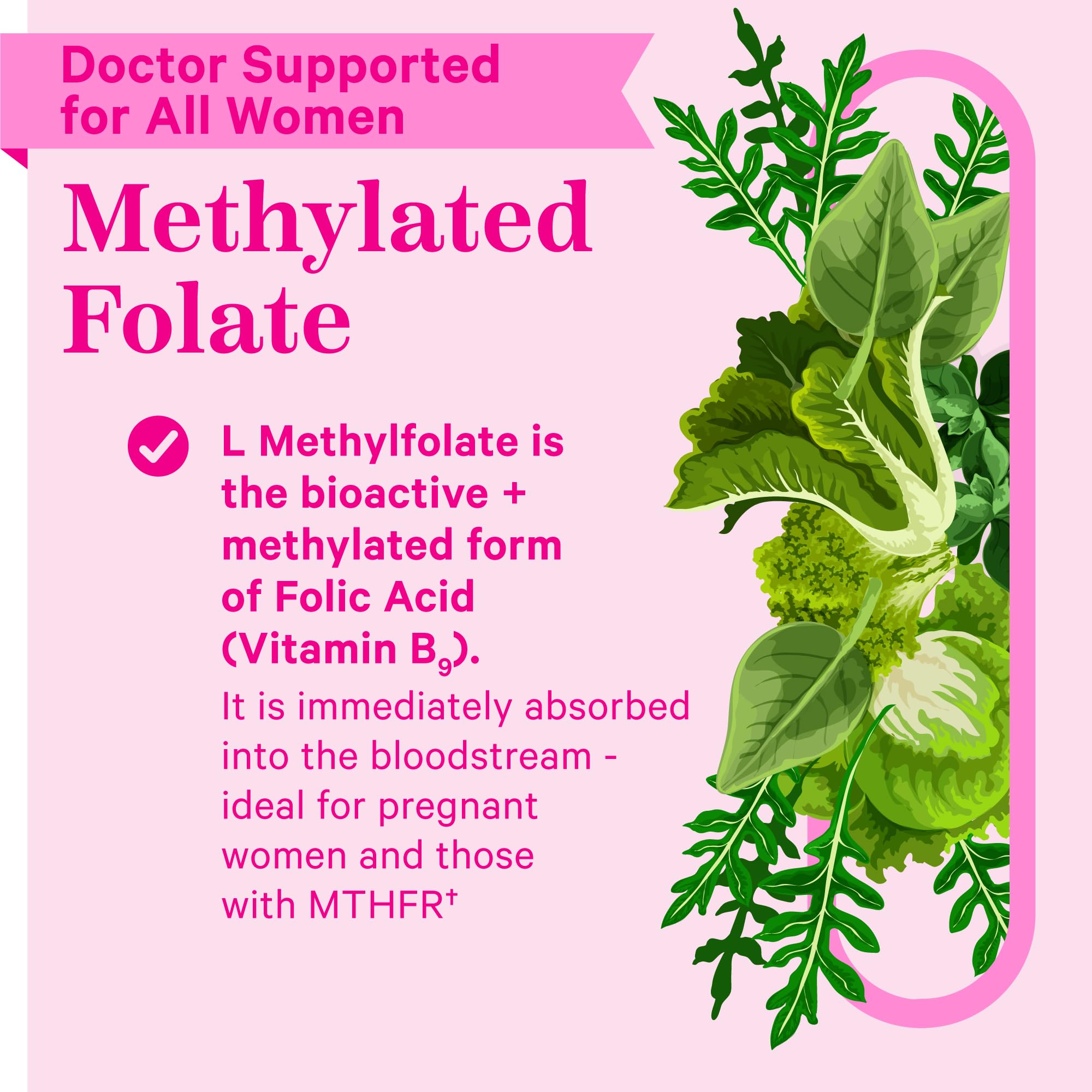 Pink Stork Folate: Methyl Folate - MTHFR Acid, Natural Form of Folic Acid for Pregnancy, Formulated