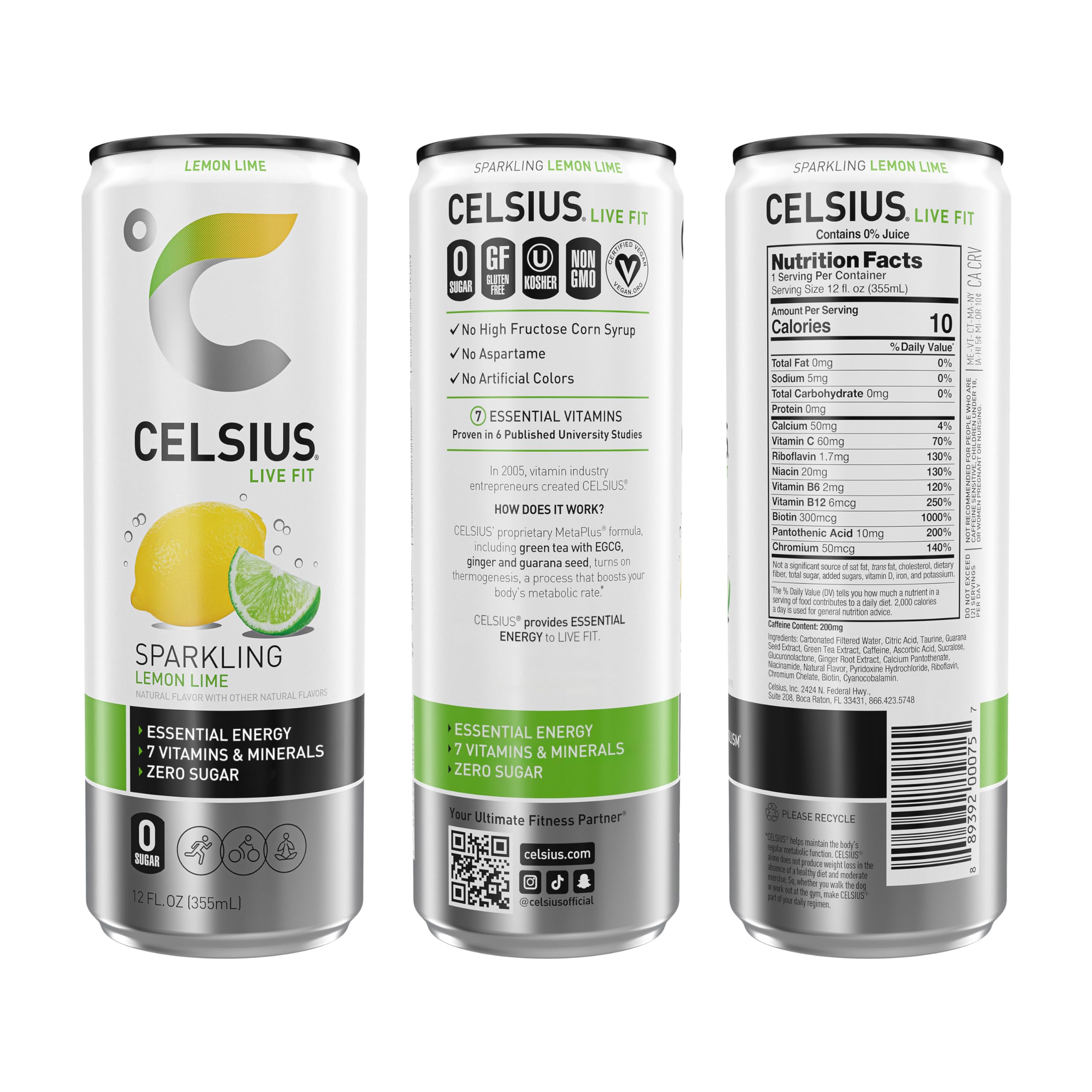 CELSIUS Sparkling Lemon Lime, Functional Essential Energy Drink, 12 Fl Oz (Pack of 12)