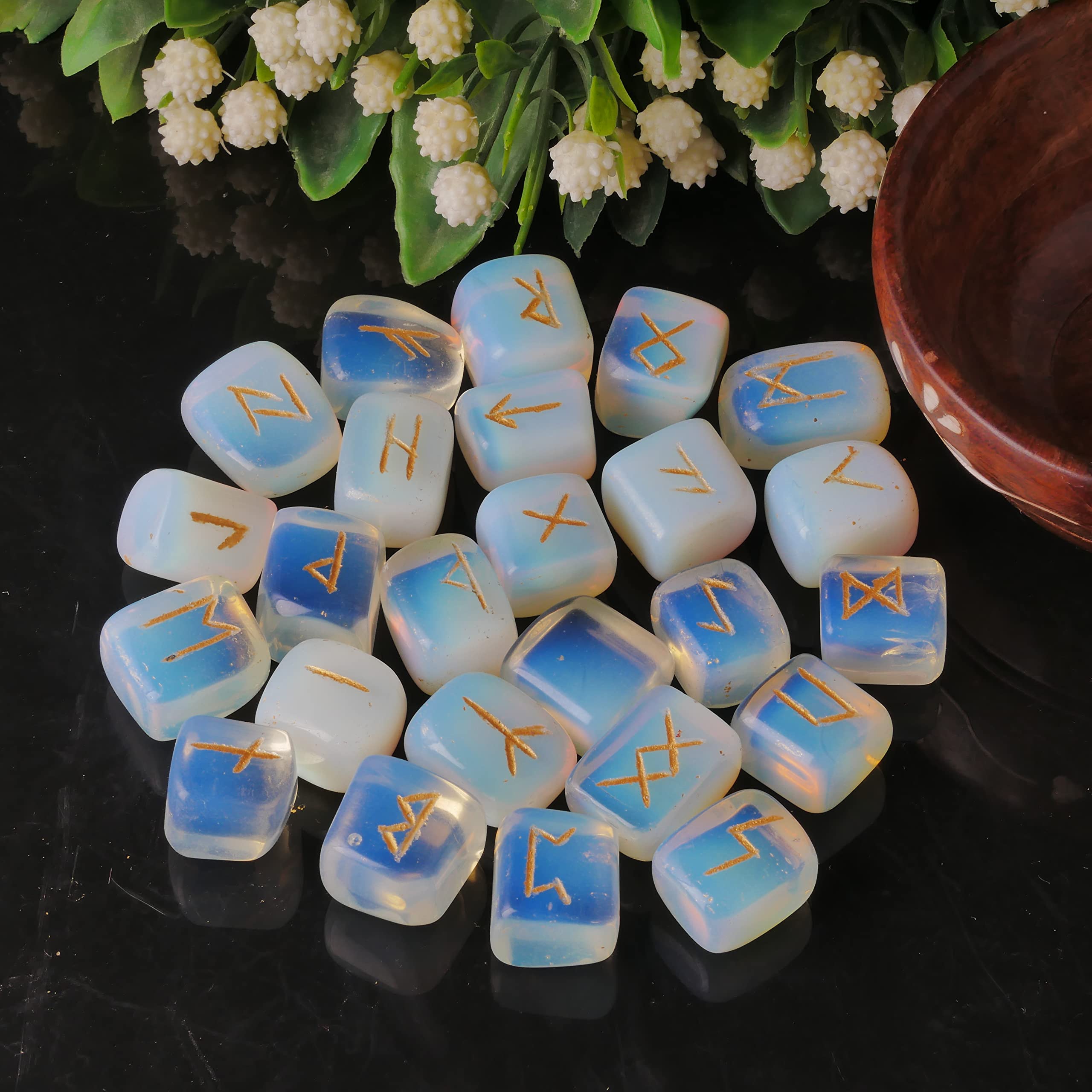 Opalite Rune Stone - Rune Set - Engraved Elder Futhark Alphabet Symbols - Witchcraft Crystals