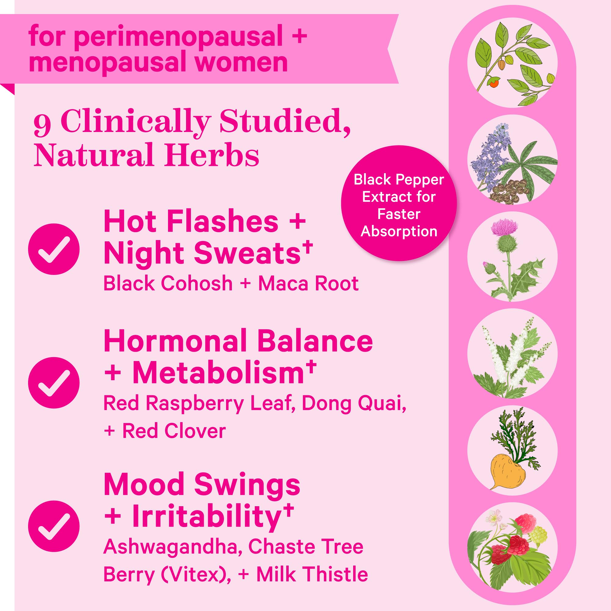 Pink Stork Menopause Supplements for Women - 9 Clinically-Studied Herbs for Perimenopause