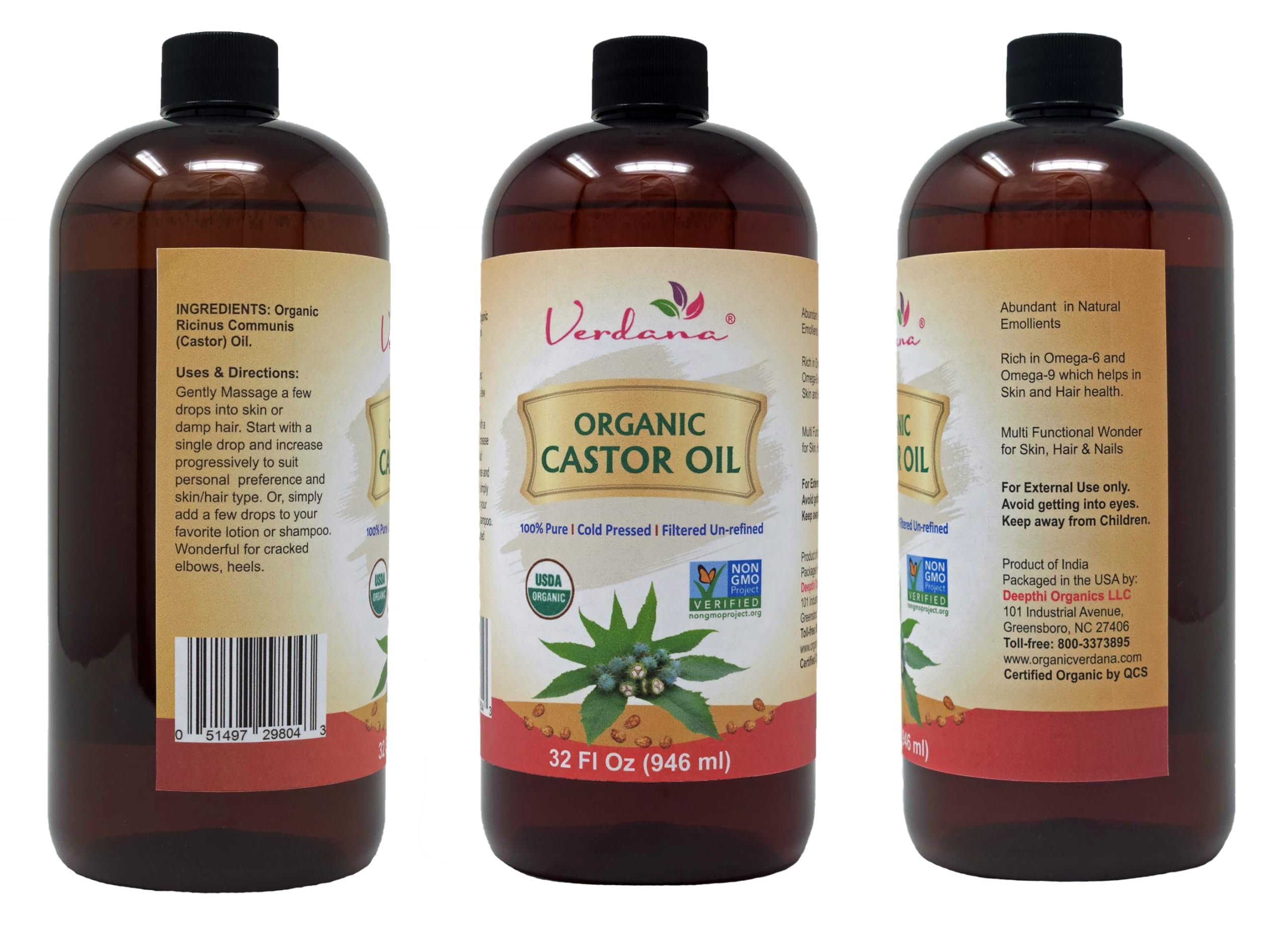 Verdana Organic Castor Oil – USDA Certified Organic – Cold Pressed, Unrefined, 100% Pure and Hexane