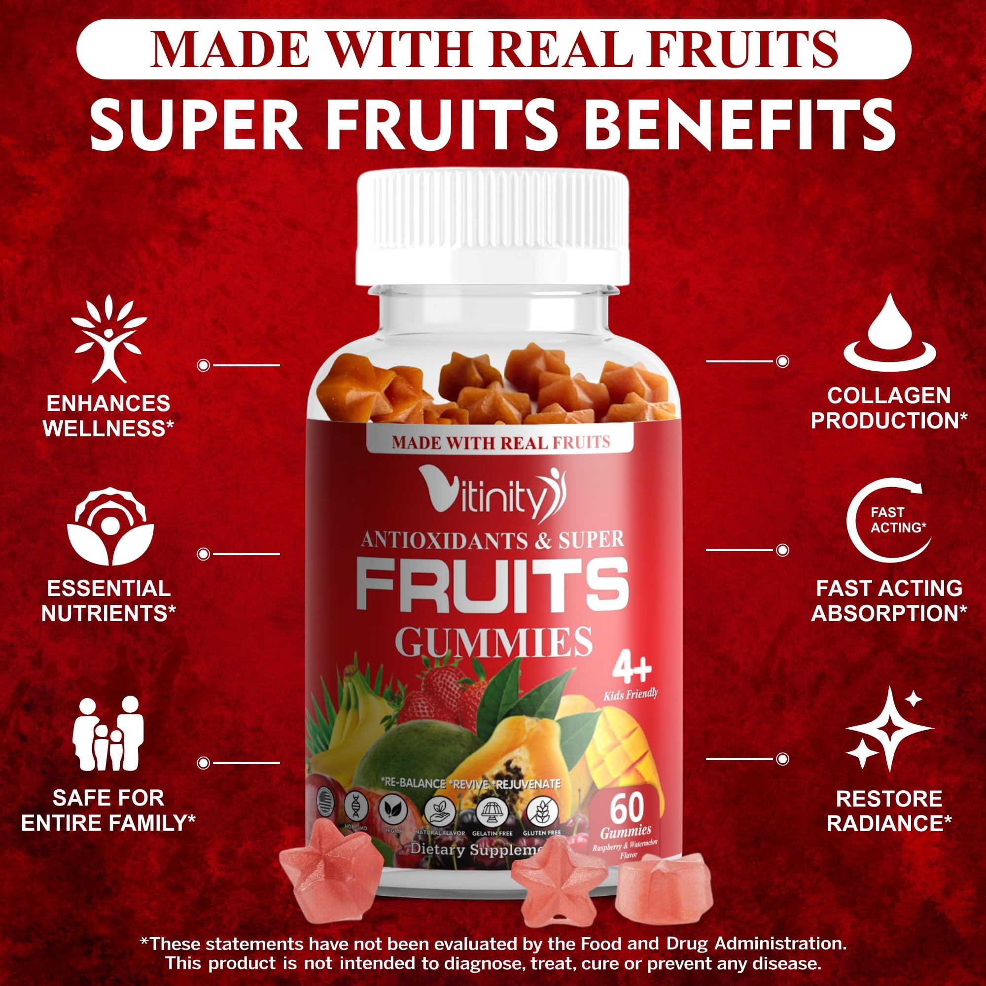 VITINITY Made with Real Super Fruits Delicious Gummy Supplement,Men,Women & Kids