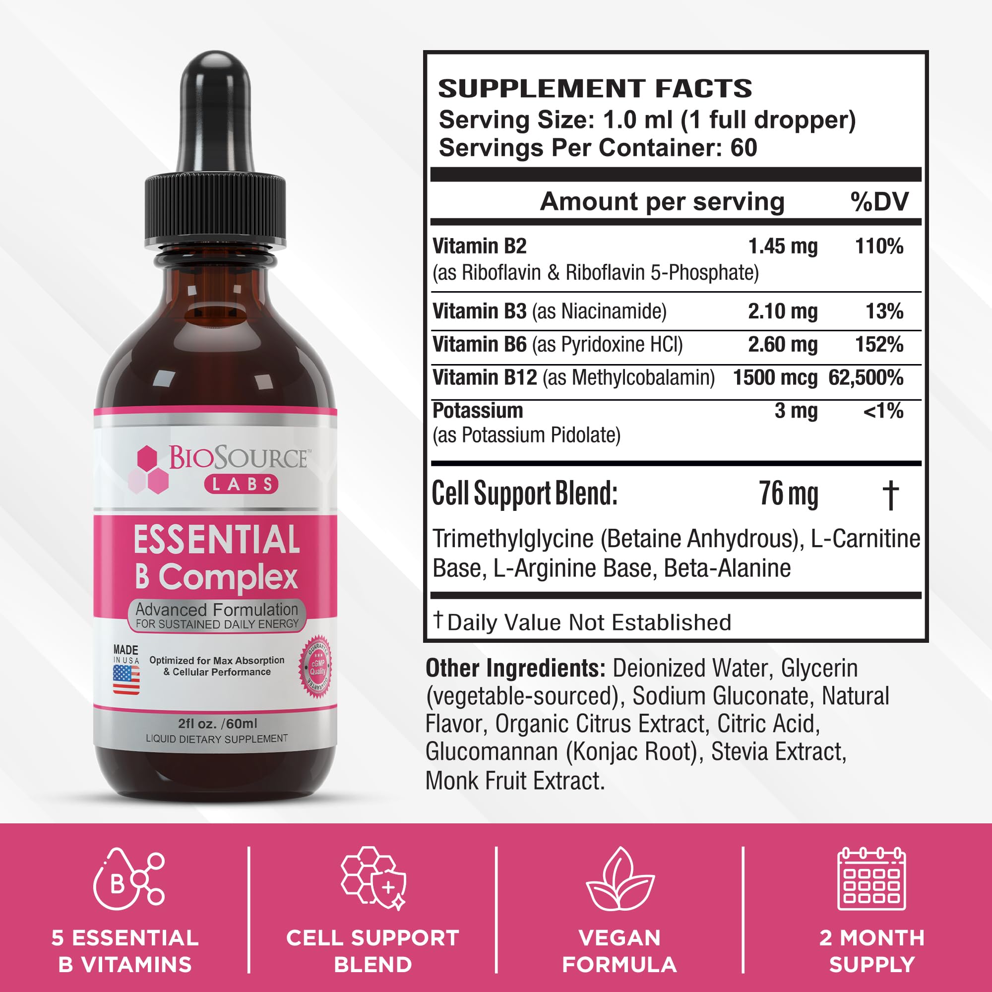 BioSource Labs Essential B Complex - Daily Vegan Vitamin B-Complex Sublingual Liquid