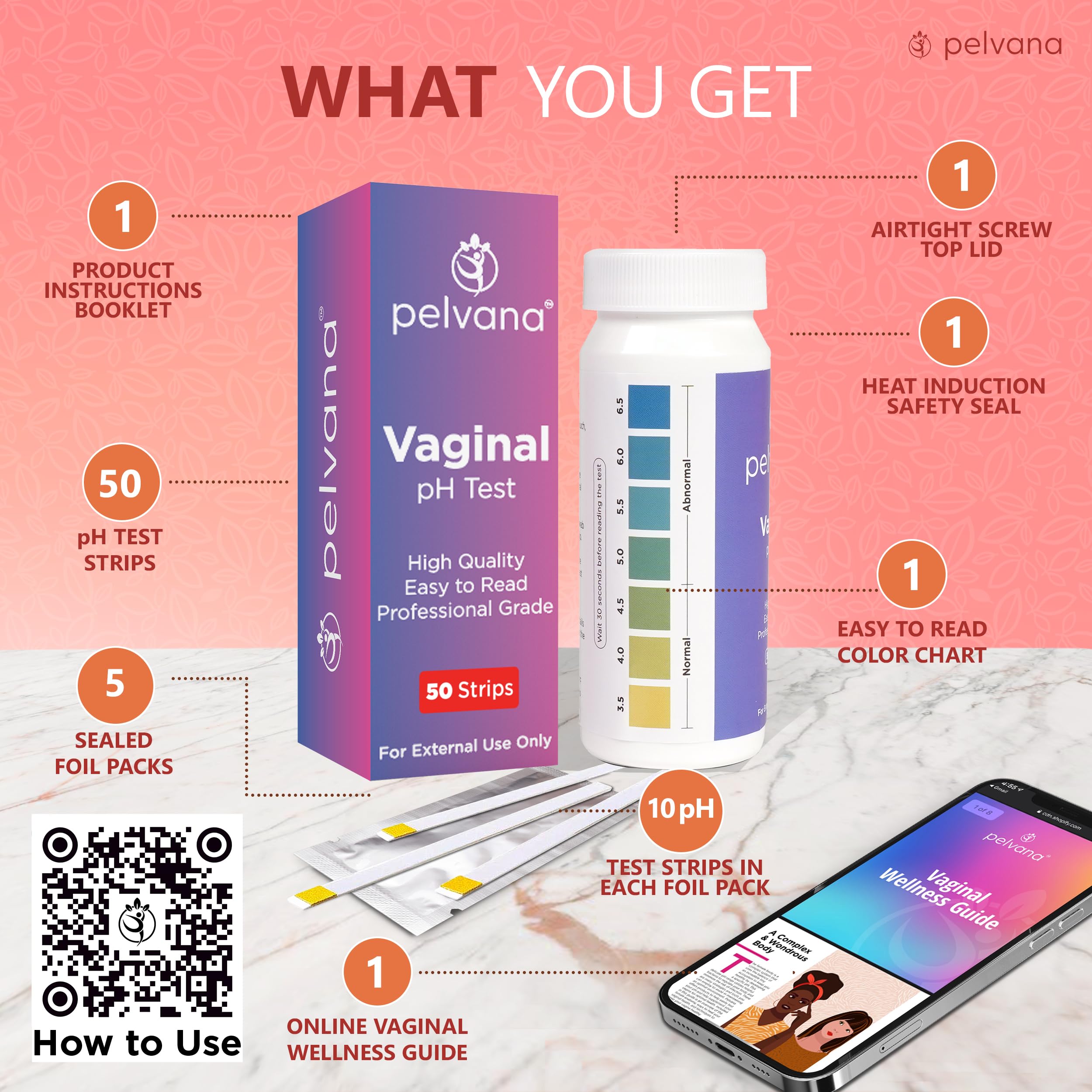 Pelvana Vaginal pH Balance Test Strips for Women 50 Strips - Vaginal pH Test Strips