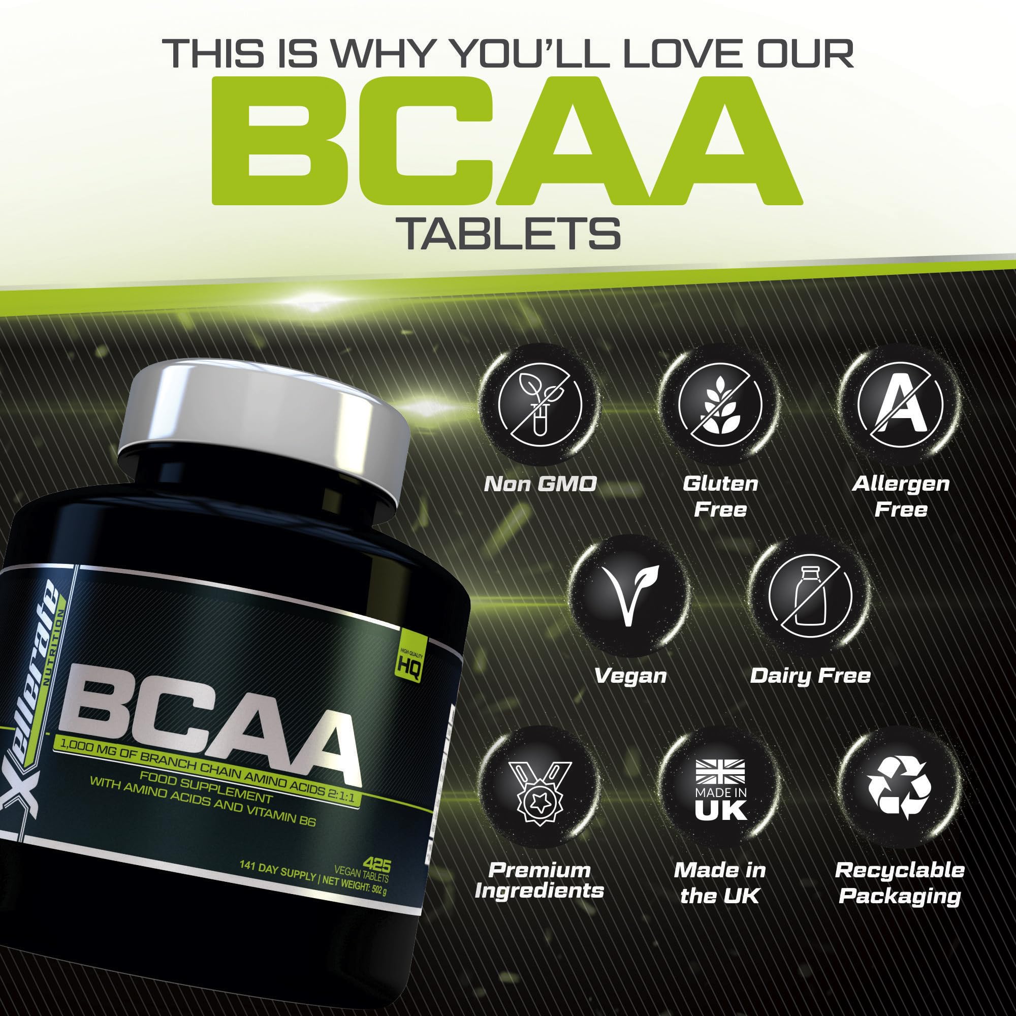 BCAA 1000mg - 425 Vegan Tablets - 3000mg Daily Serving - 141 Day Supply - 2:1:1 BCAAs