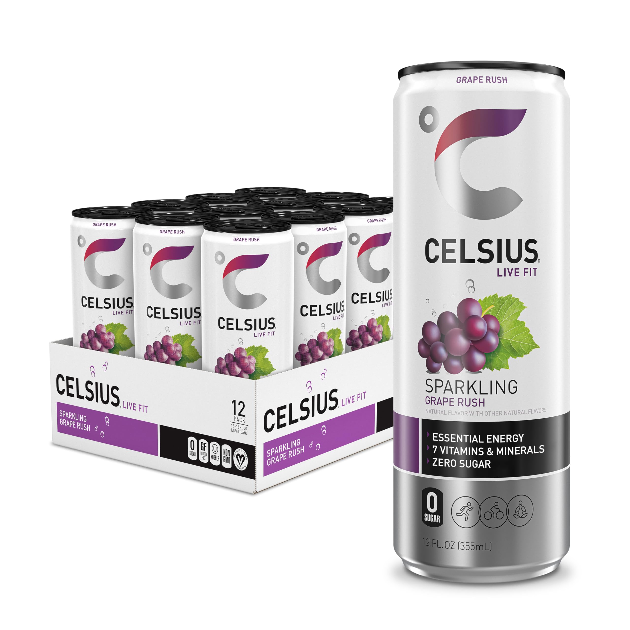 CELSIUS Sparkling Grape Rush, Functional Essential Energy Drink 12 Fl Oz (Pack of 12)