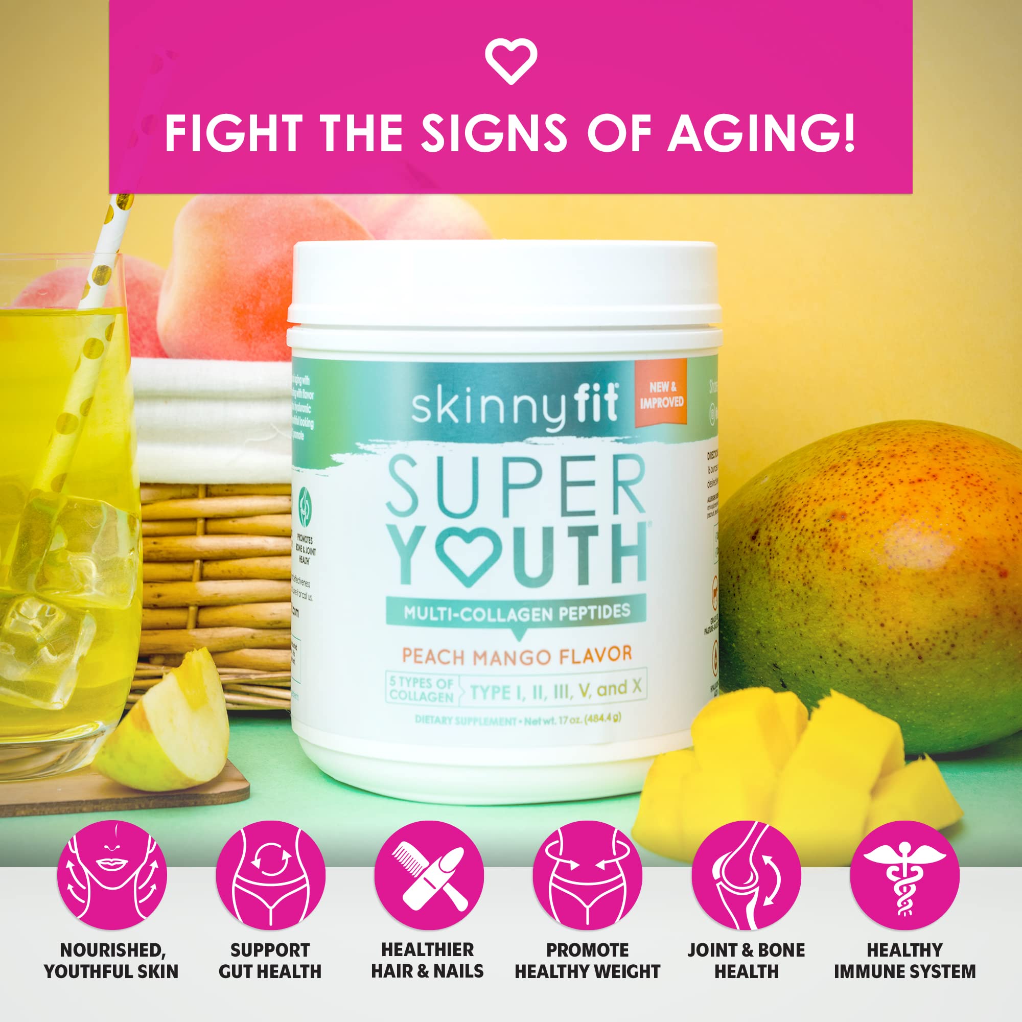 SkinnyFit Super Youth Multi-Collagen Peptides Plus Apple Cider Vinegar, Hyaluronic Acid