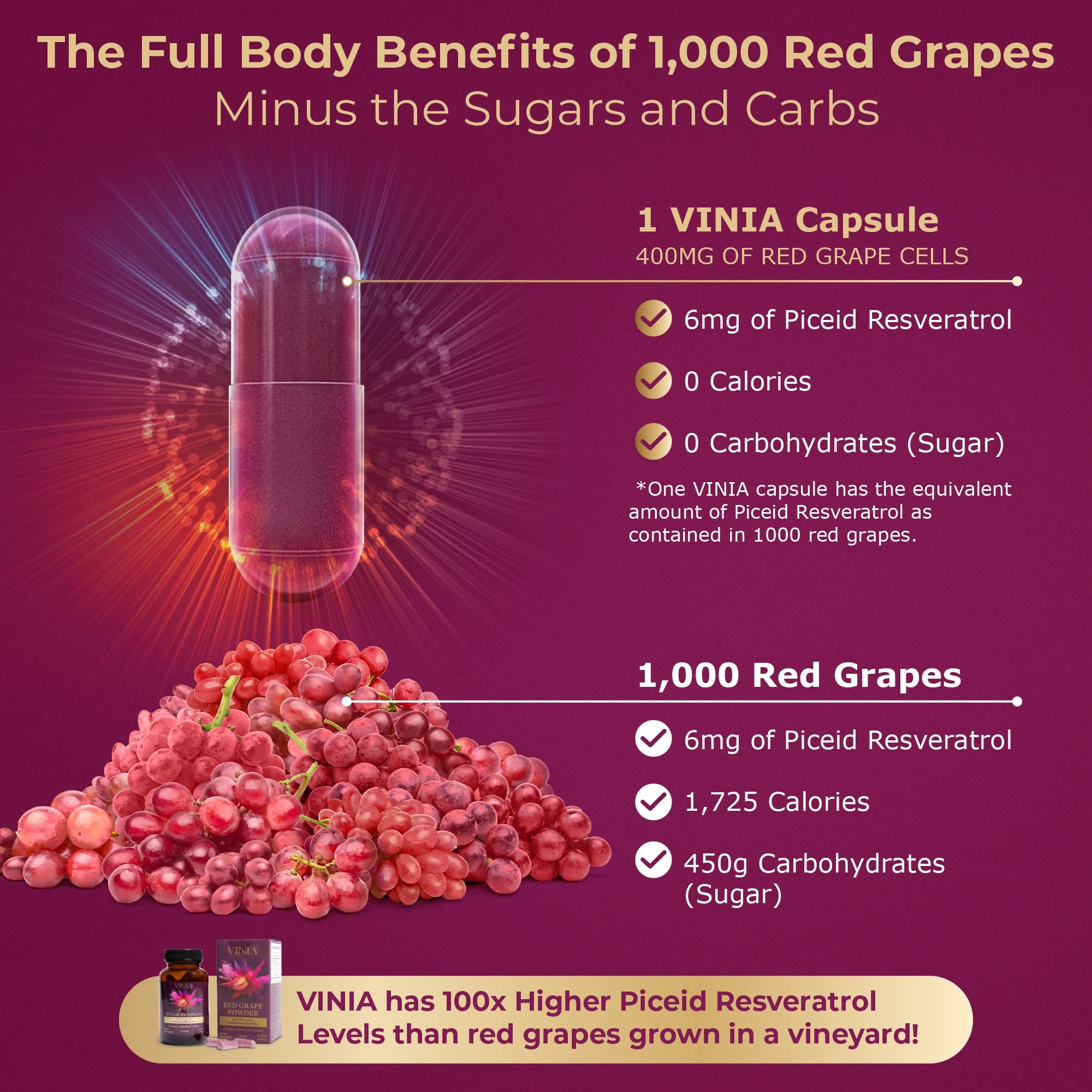 VINIA 12-Hour Sustained Release Piceid Resveratrol Supplement. Nitric Oxide Supplement