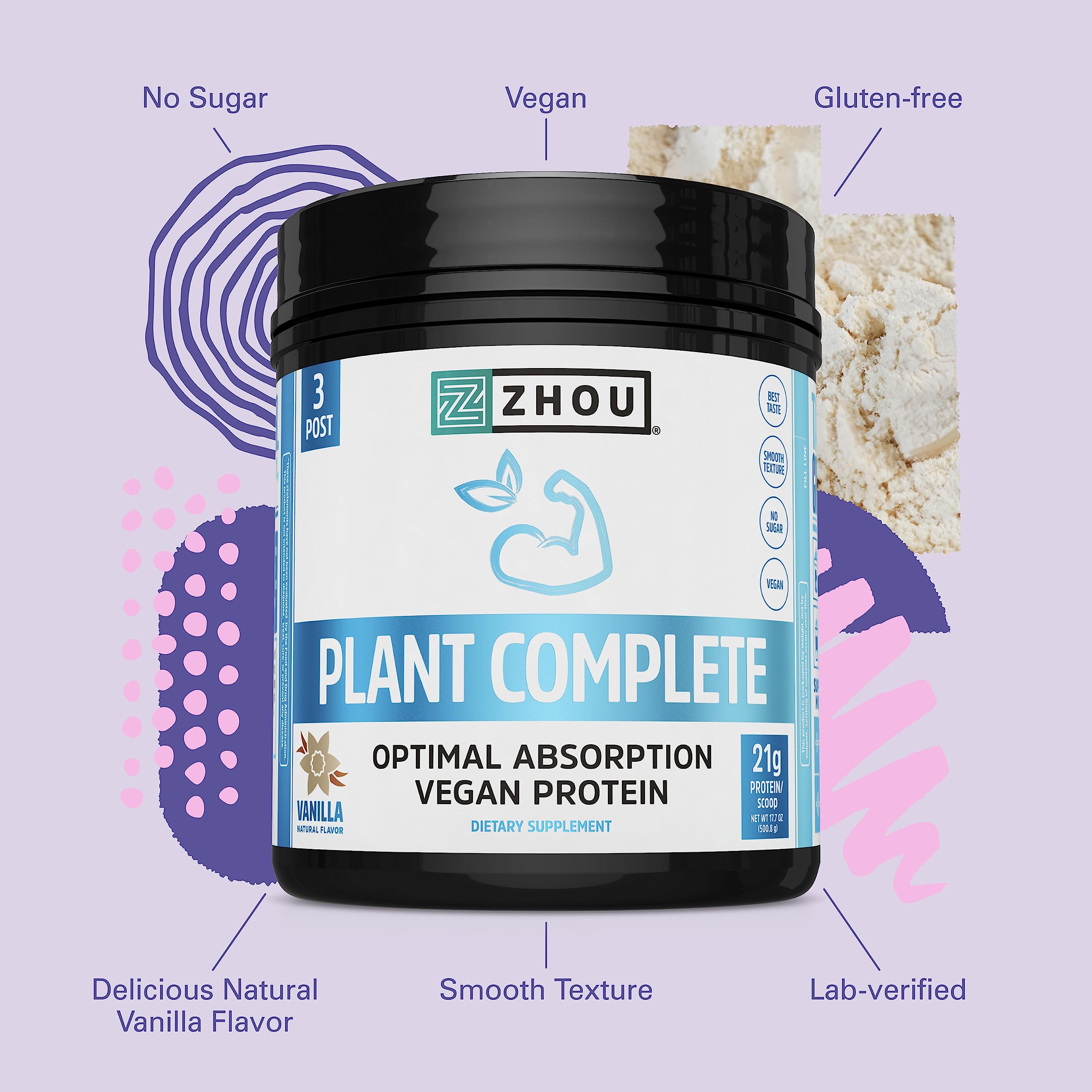 Zhou Nutrition Plant Based Vegan Protein Powder, Best Absorption Digest Score, Complete