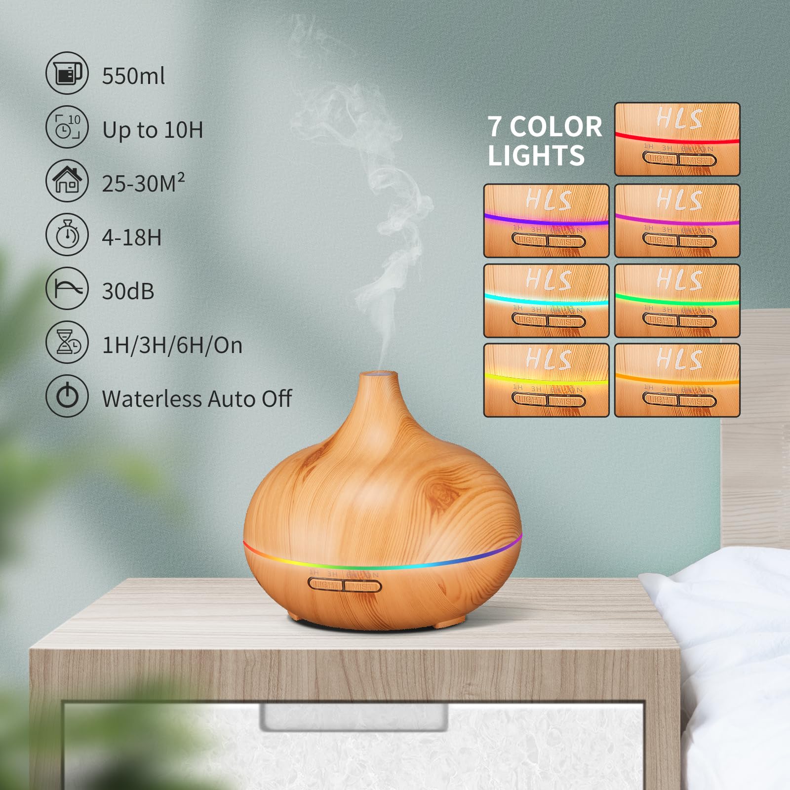 HLS 550ml Aroma Diffusers for Essential Oils Large Room with 10 Essential Oils,Ultrasonic Aromatherapy