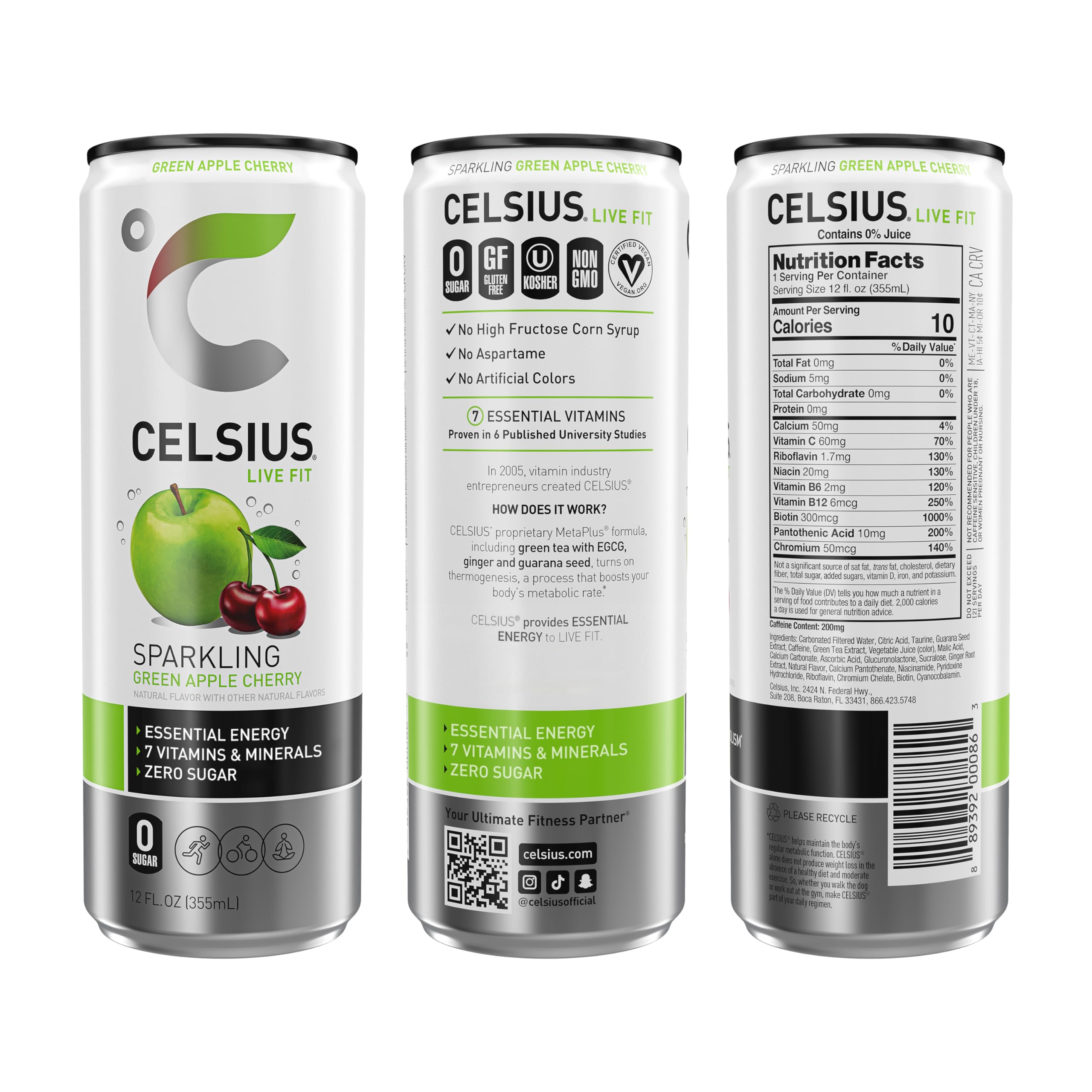 CELSIUS Sparkling Green Apple Cherry, Functional Essential Energy Drink, 12 Fl Oz