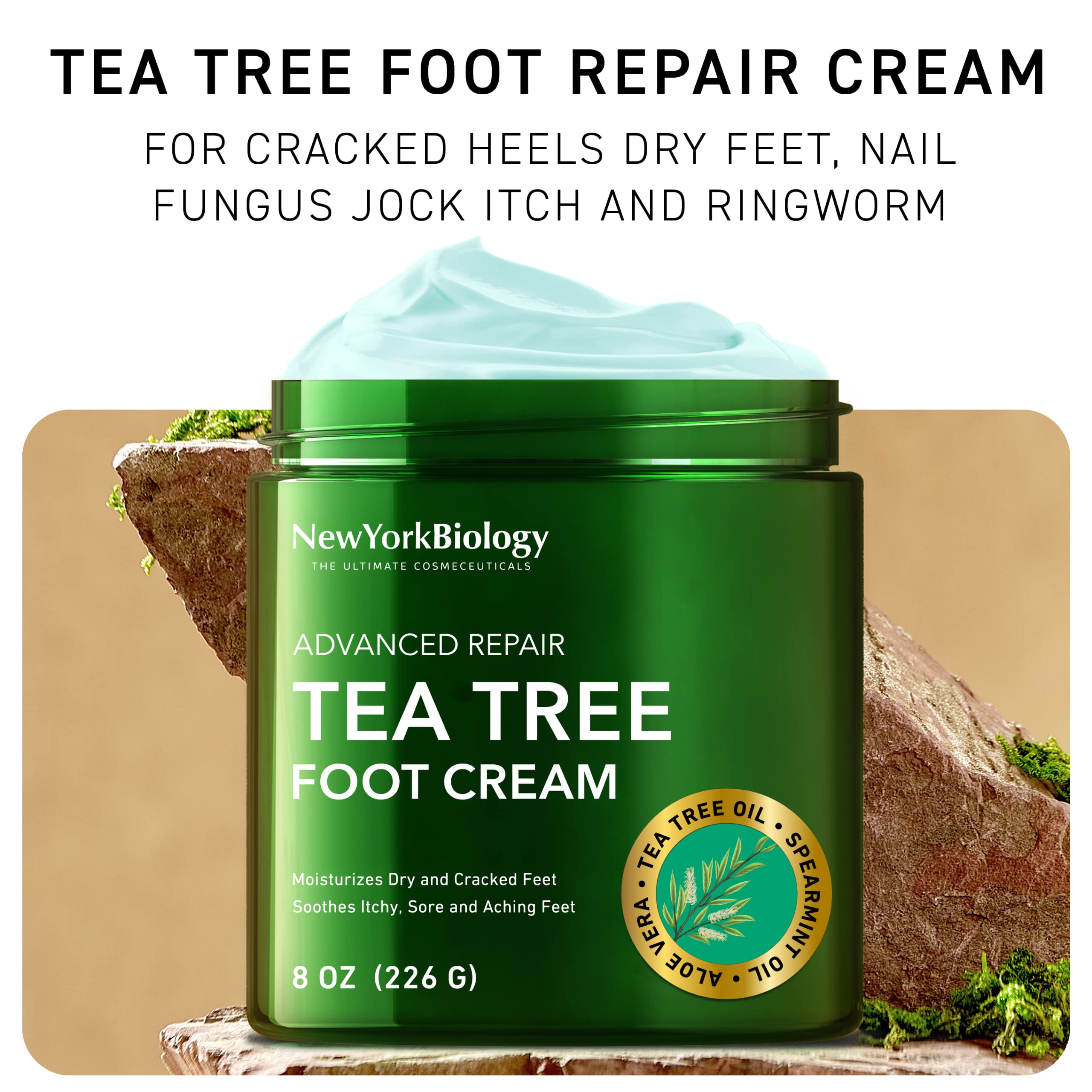 New York Biology Tea Tree Oil Foot Cream for Dry Cracked Feet, Athletes Foot, Nail Fungus