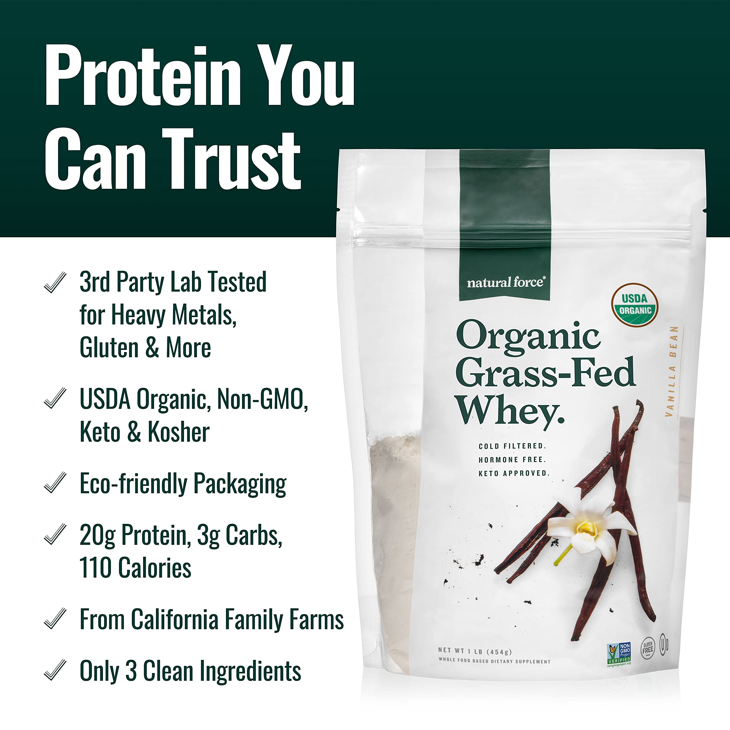 Natural Force Grass Fed Organic Whey Protein Powder – Non GMO Verified, Humane