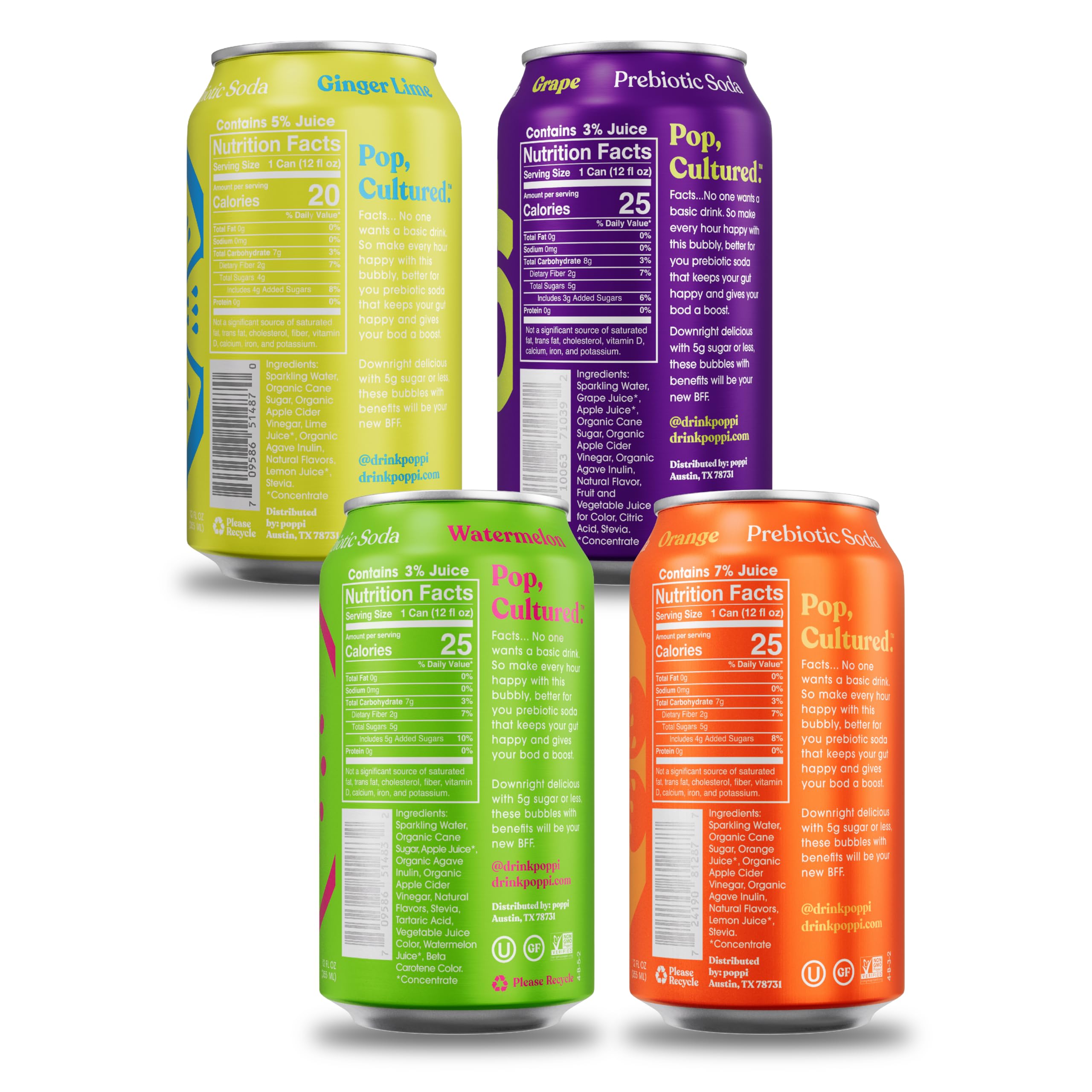 POPPI Sparkling Prebiotic Soda, Beverages w/Apple Cider Vinegar, Seltzer Water & Juice