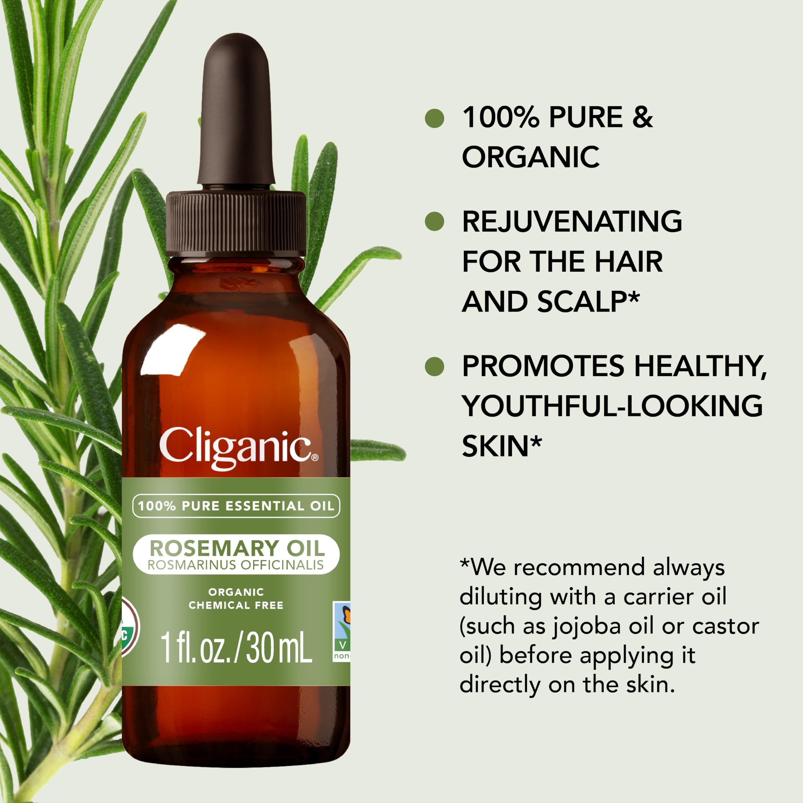 Cliganic Organic Rosemary Essential Oil for Hair, Skin, Aromatherapy - 100% Pure Natural Undiluted
