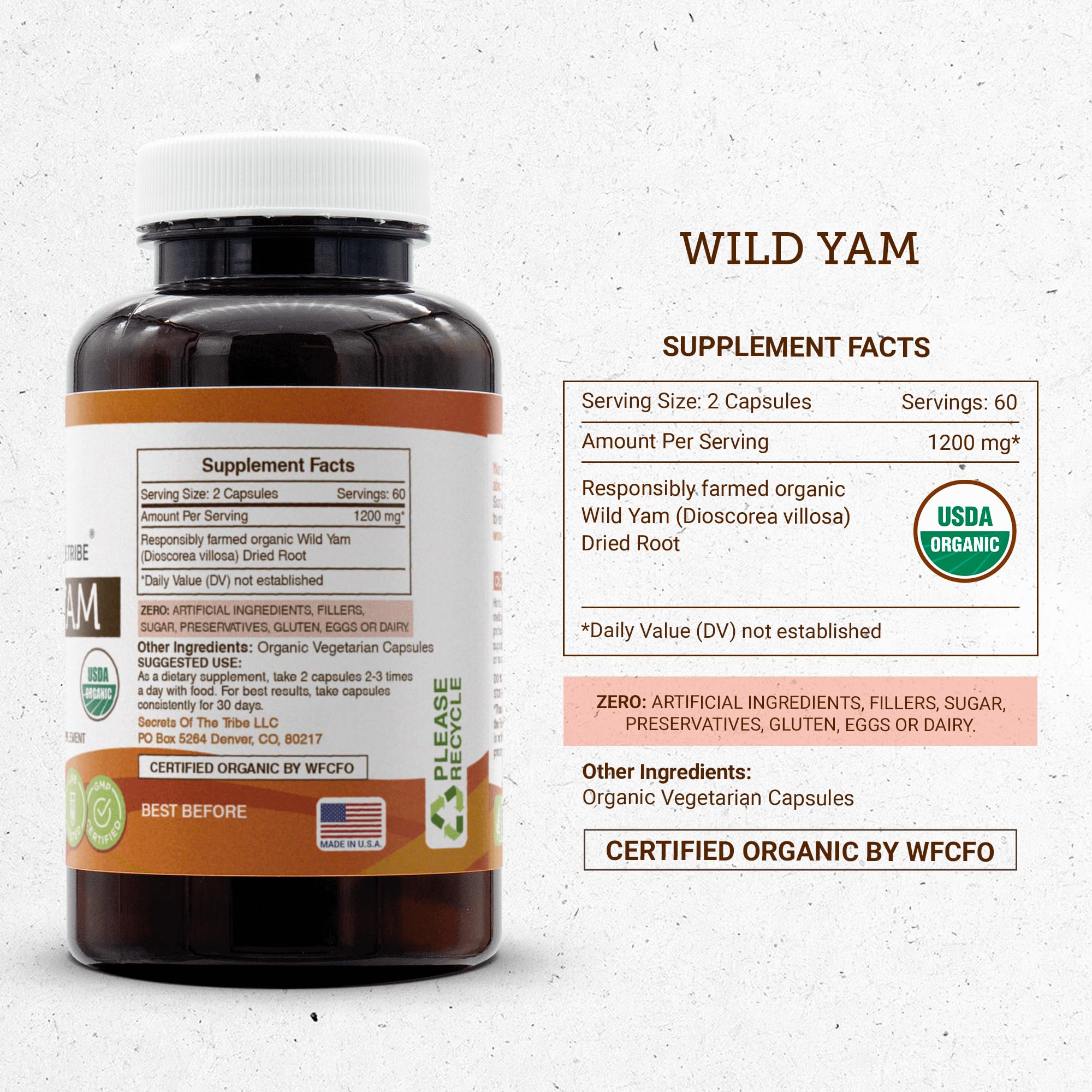 Secrets of the Tribe Wild Yam Capsules 1200 mg Responsibly farmed USDA Organic Wild Yam