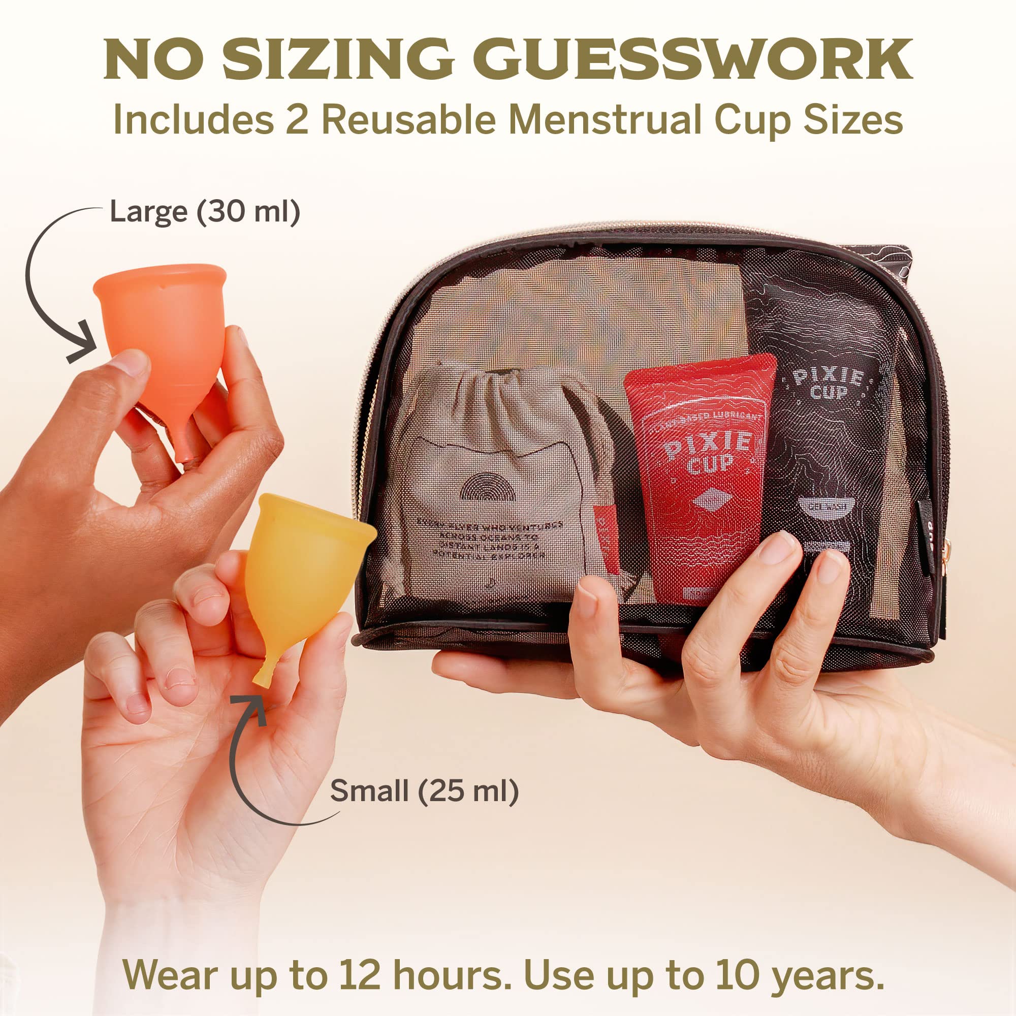 Pixie Cup Menstrual Kit - Best Period Cup Starter Kit - 2 Cups, Wash, 20 Wipes, Lube, Public