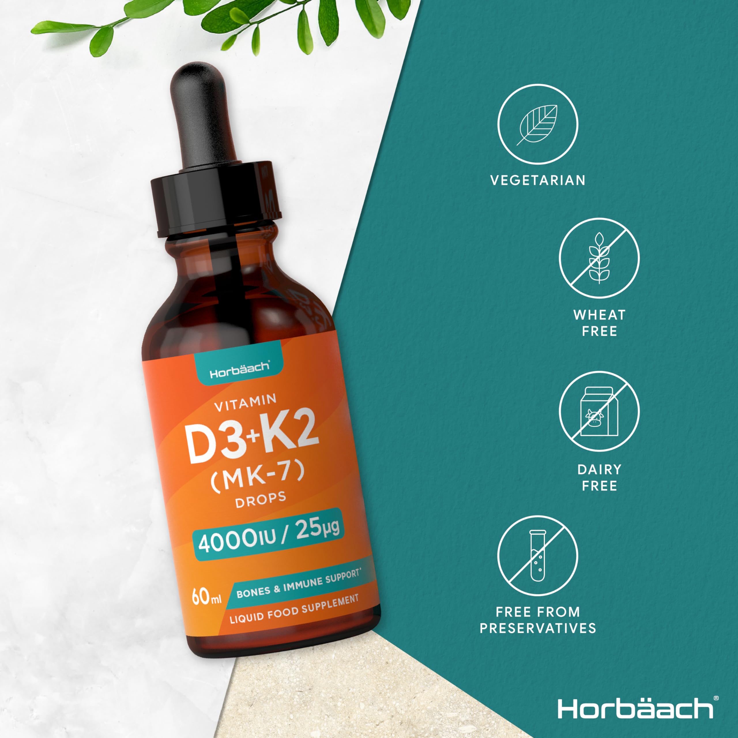 Vitamin D3 K2 Drops | 60mL | High Strength Vitamin D3 4000iu and K2 25ug | No Artificial