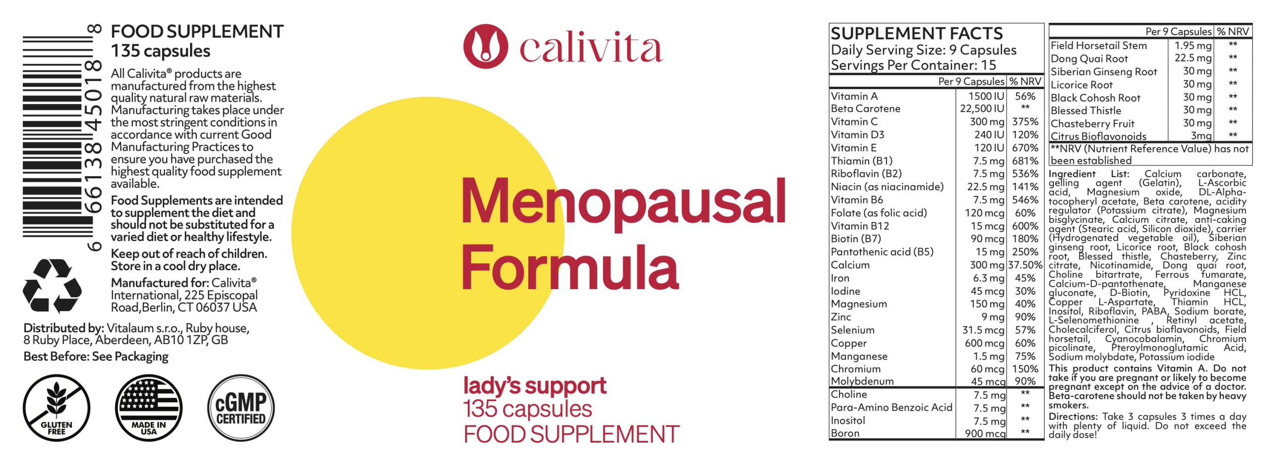 CaliVita Menopausal Formula - Menopause Relief Supplements for Women with Dong Quai, Black Kohosh