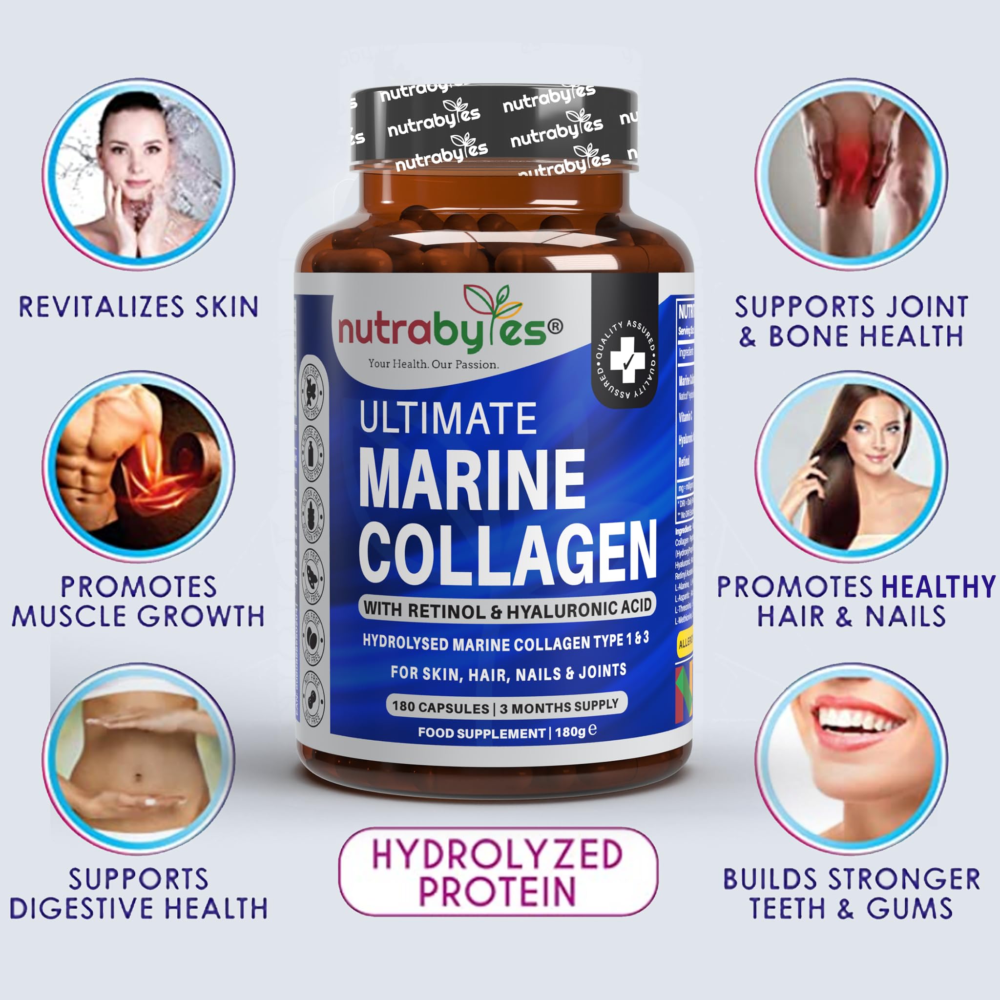 High Strength Marine Collagen with Hyaluronic Acid, Retinol and Vitamin C | 180 Capsules - 3 Months Supply
