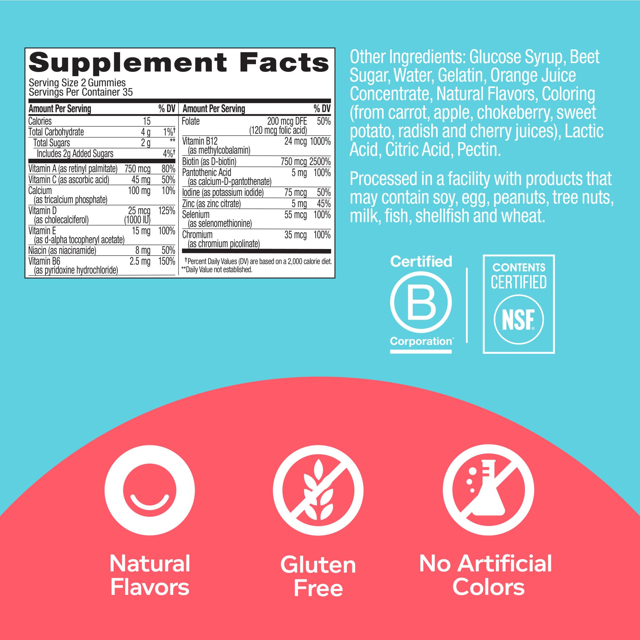 OLLY Teen Girl Multi Gummy, Healthy Skin and Immune Support, 15 Essential Vitamins