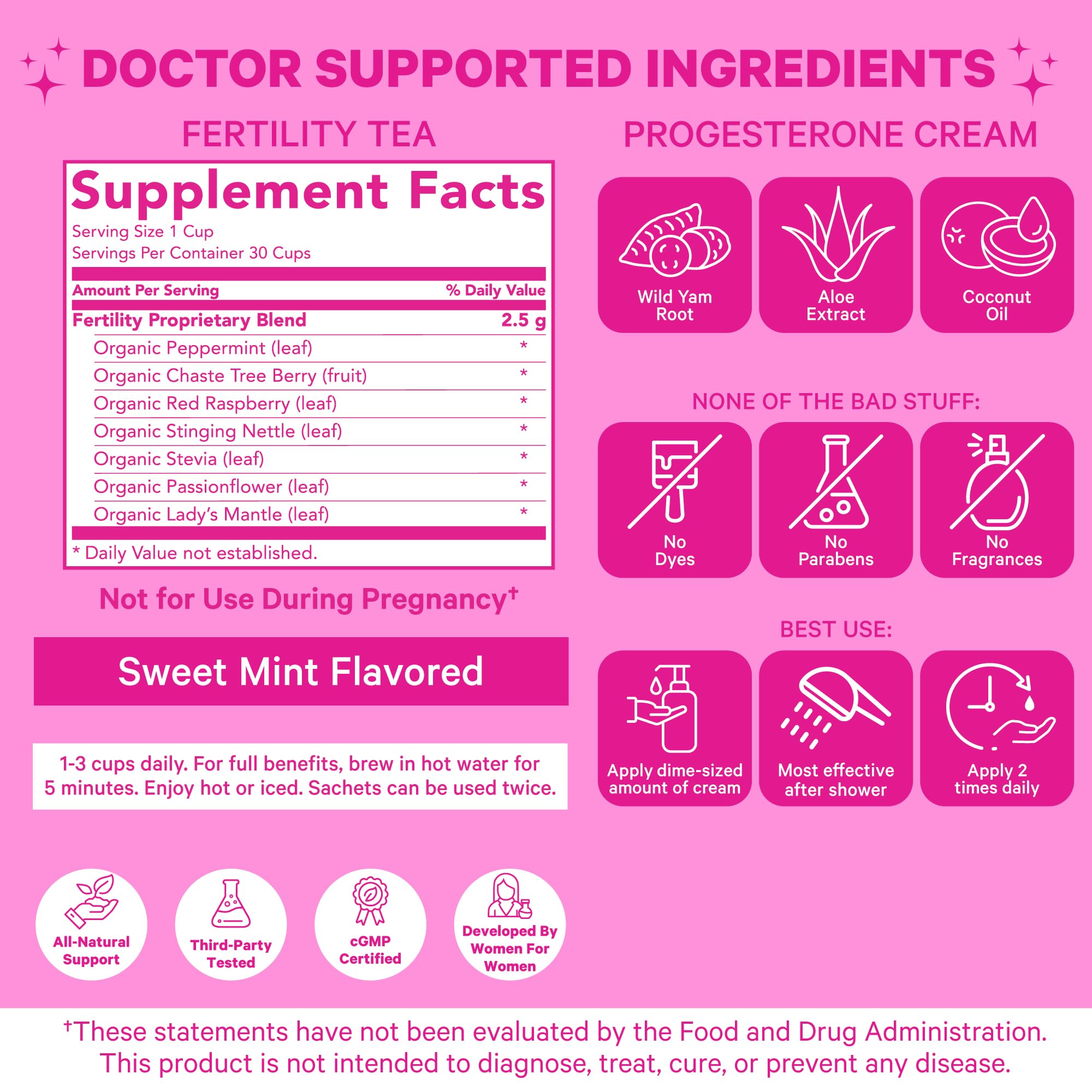 Pink Stork Fertility Tea and Progesterone Cream for Women, Fertility, Ovulation, Conception, and Hormone Balance for Women with Chaste Tree Berry (Vitex) - Duo