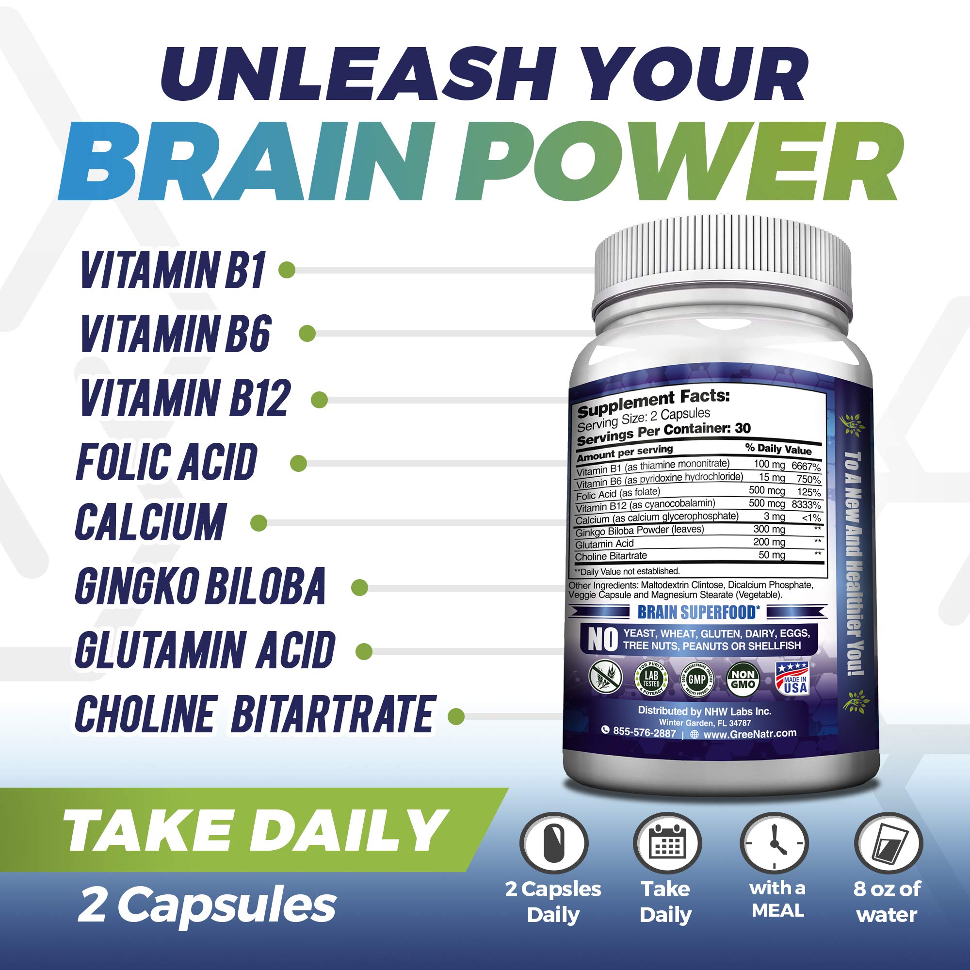 GreeNatr Brain Supplement with B12 Vitamin for Enhanced Memory, Energy, Focus, and Clarity