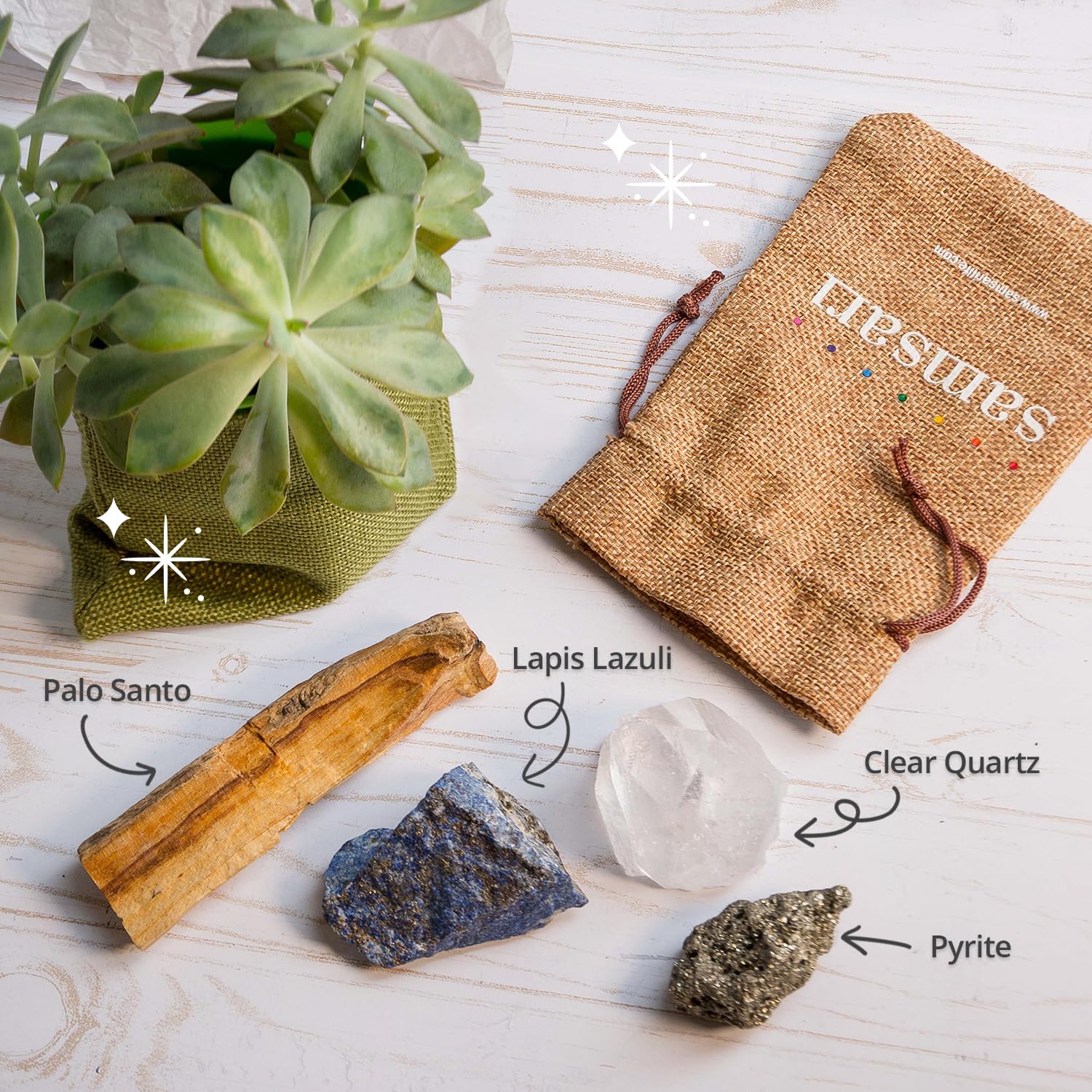 5PCS SAMSARI Abundance XL Crystals Healing Set - (Pyrite, Lapis Lazuli, Clear Quartz), 1 Palo Santo Stick