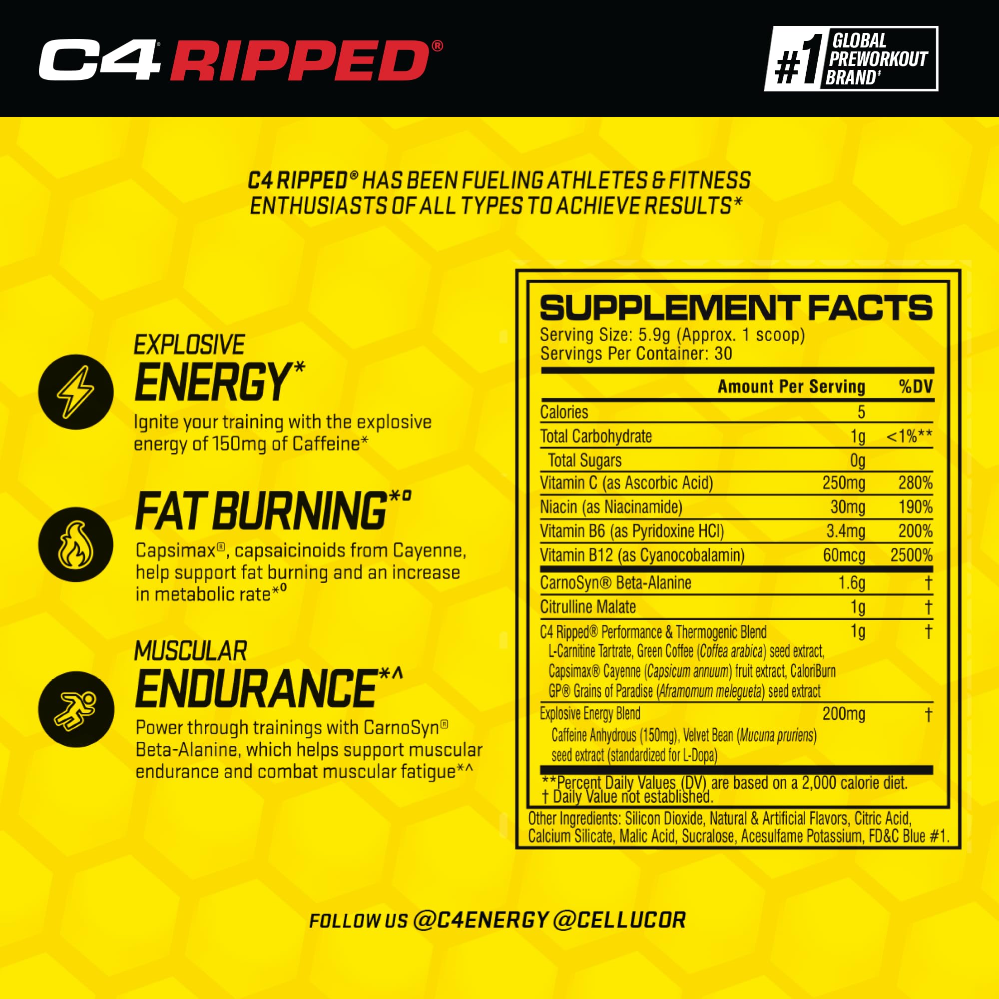 Cellucor C4 Ripped Pre Workout Powder ICY Blue Razz | Creatine Free + Sugar Free
