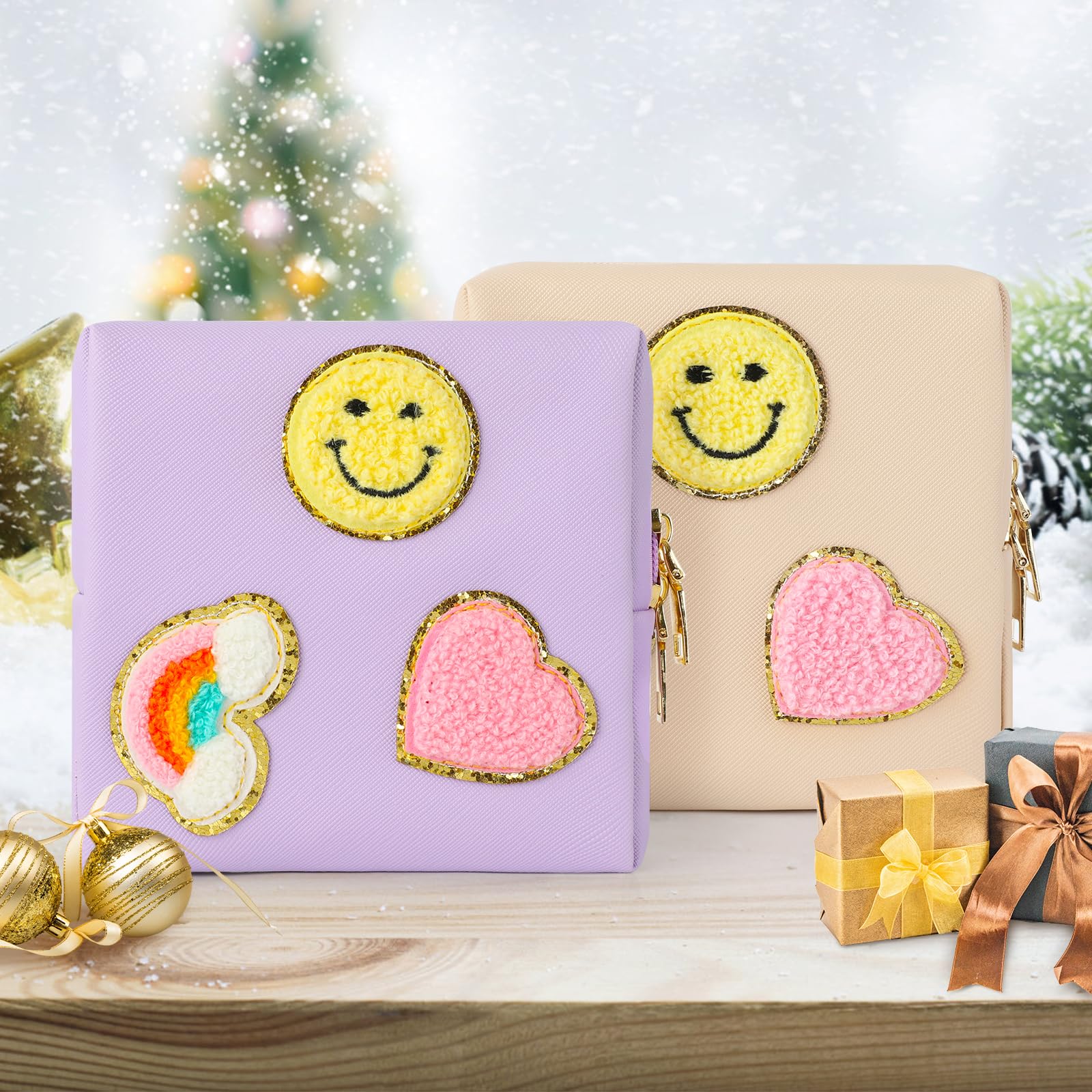 Preppy Patch Period Bag for Teen Aged Girls, Sanitary Napkin Storage Bag, Functional PU Leather Sanitary