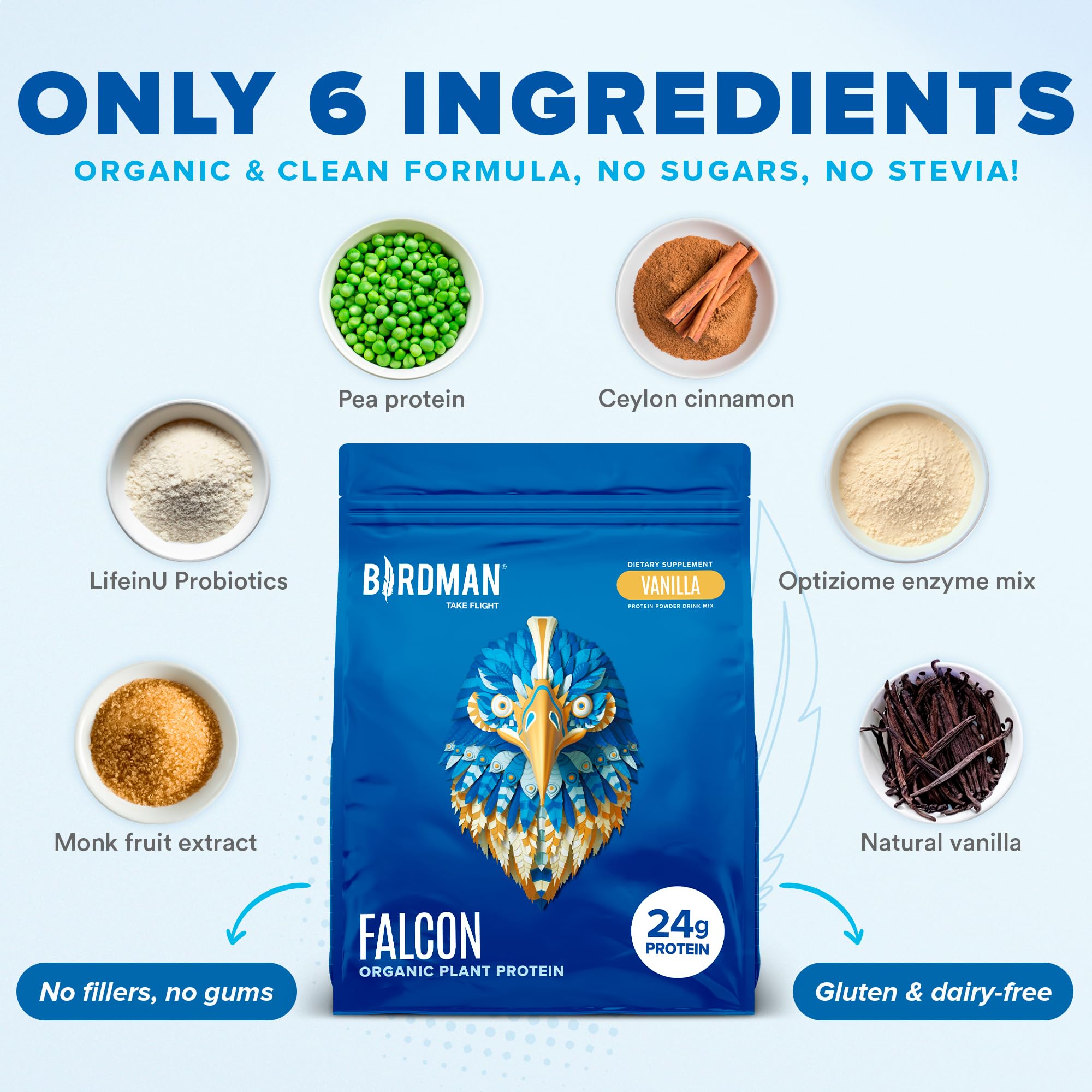 BIRDMAN Falcon Vegan Protein Powder Organic, Stevia & Sugar Free, Plant Based Protein