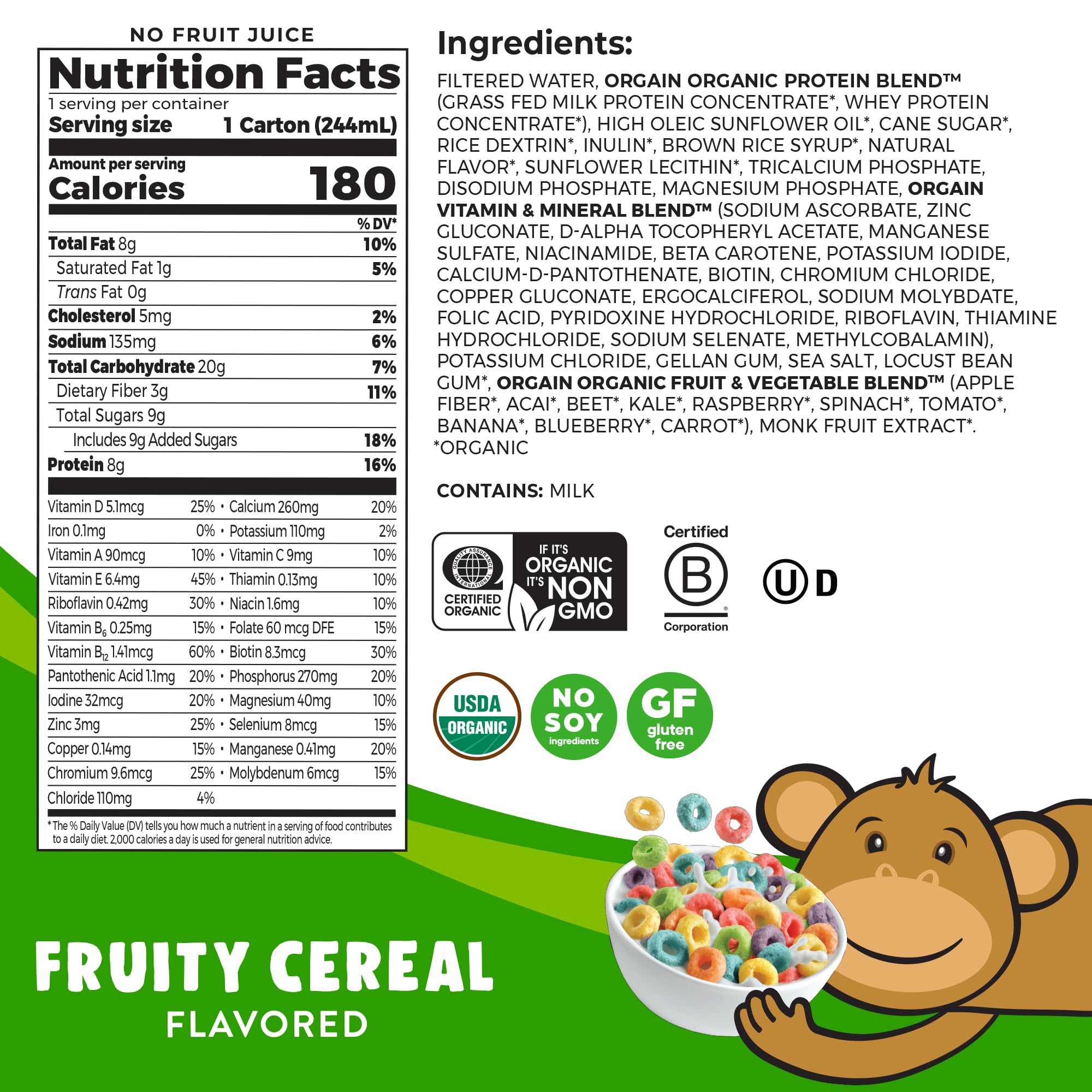 Orgain Organic Kids Nutritional Protein Shake, Fruity Cereal - Kids Snacks with 8g Dairy