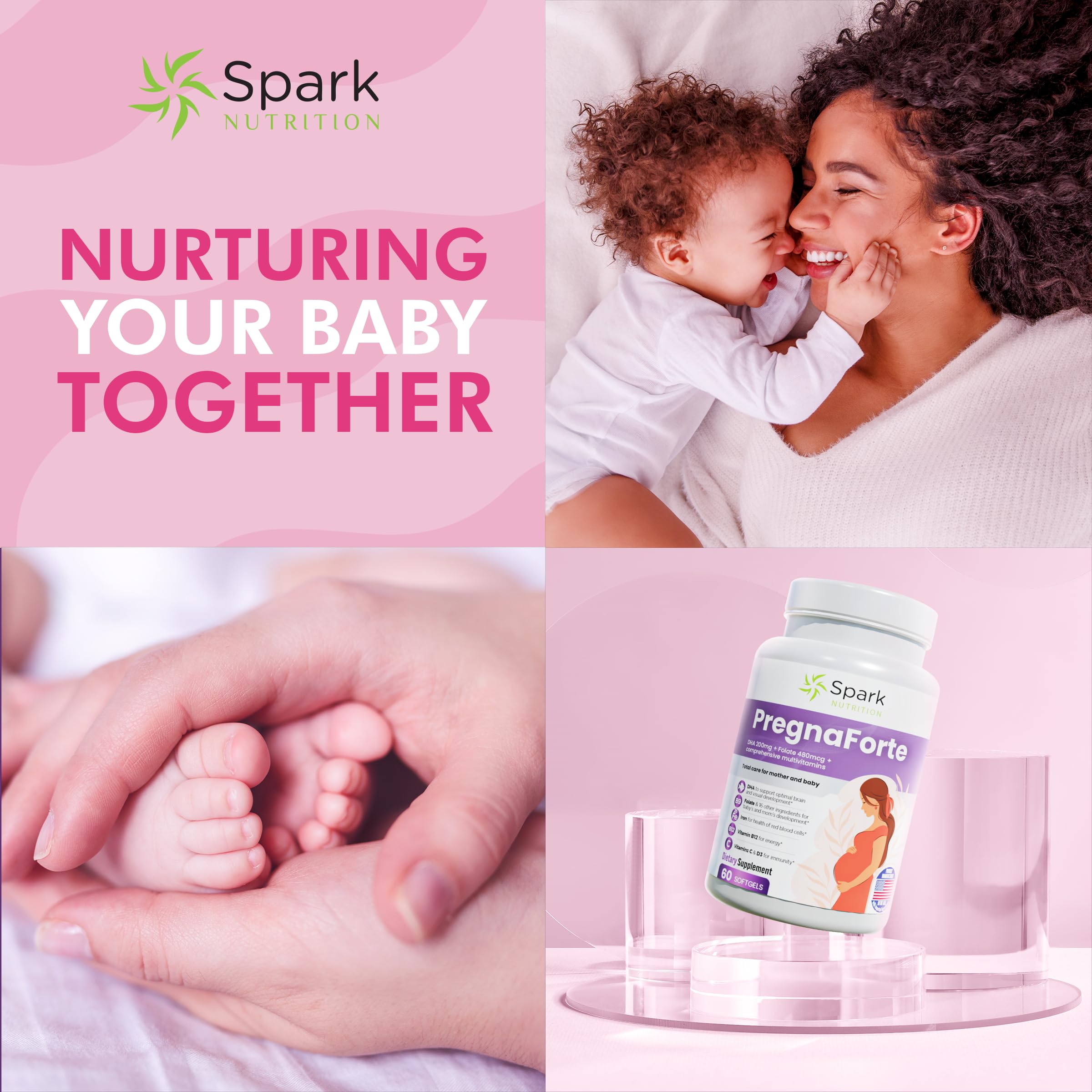 Pregnaforte Prenatal Multivitamin 60 days: Folic acid, Omega-3 DHA/EPA, Vitamins A, B6, B12, C, D3, E