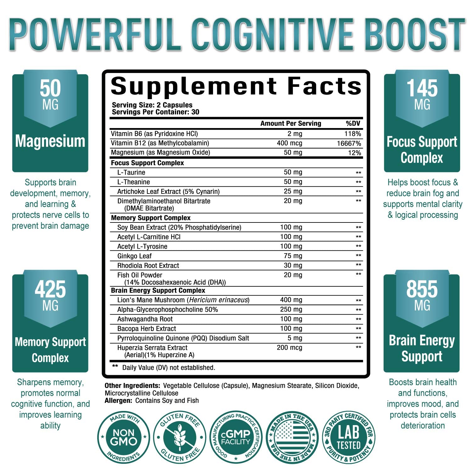 Premium Brain Supplement - Nootropic Brain Booster for Focus, Clarity, Improved Memory