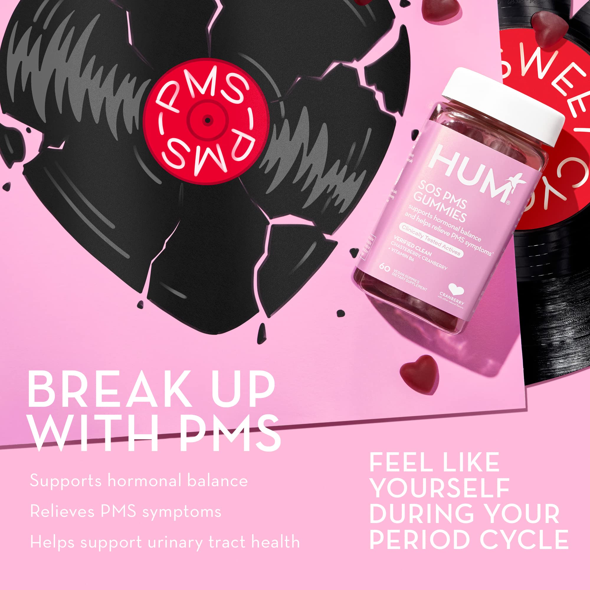 HUM Nutrition SOS PMS Gummies, Helps Relieve PMS Symptoms, Bloating Relief, Mood Swings, Hormonal Balance