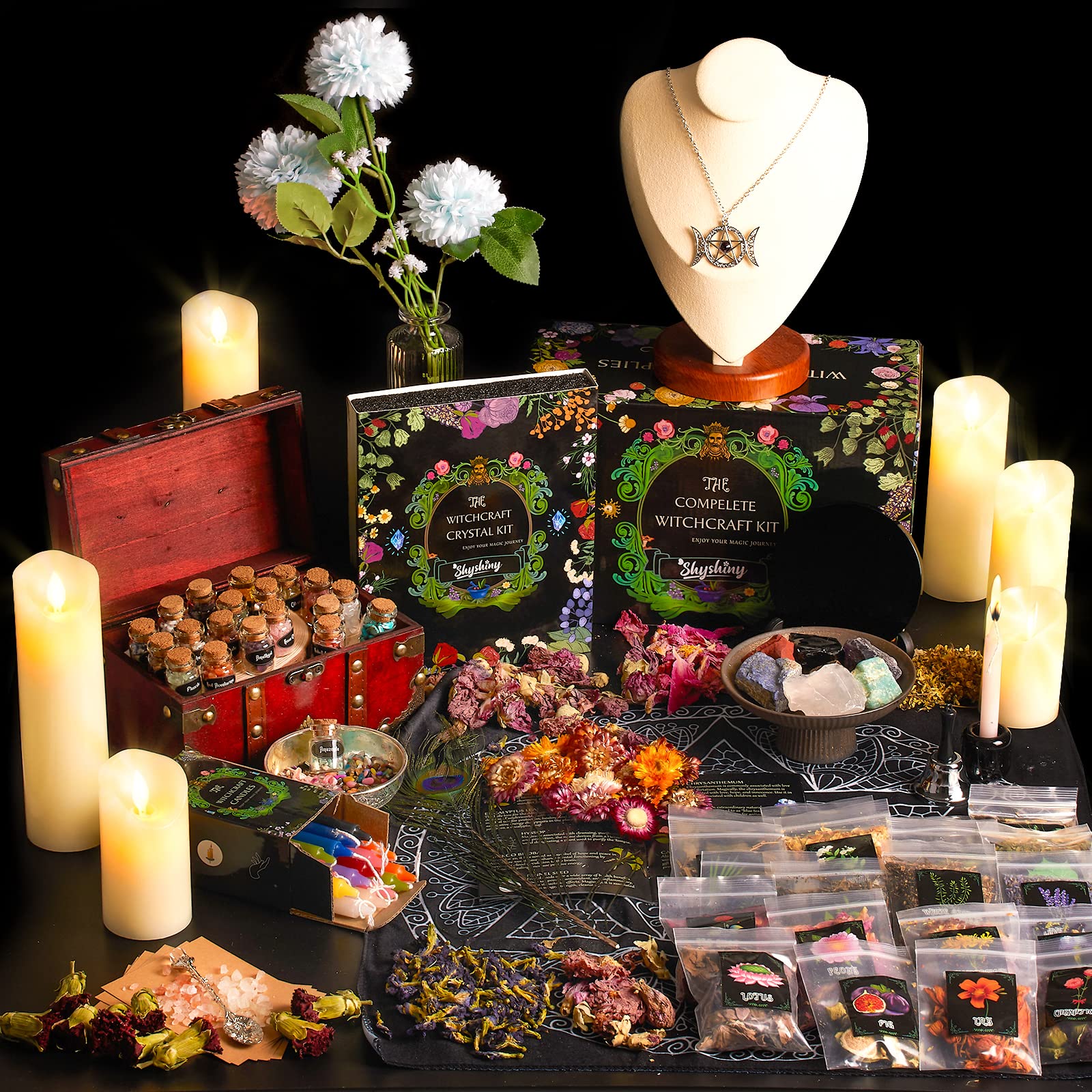 SHYSHINY Witchcraft Supplies Kit for Wiccan Spells, 95 Pack of 7 Chakra Stones, Crystals, Dried Herbs
