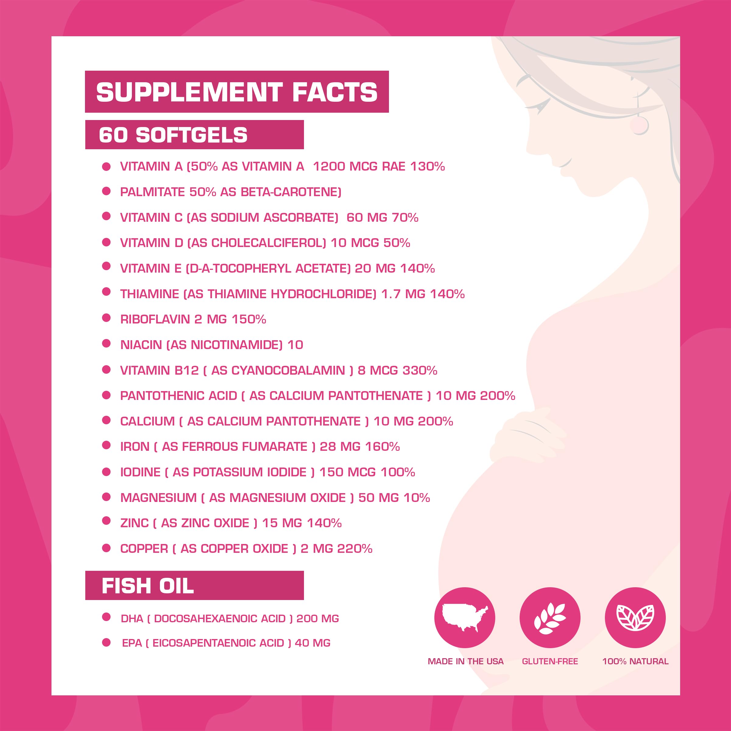 Pregnaforte Prenatal Multivitamin 60 days: Folic acid, Omega-3 DHA/EPA, Vitamins A, B6, B12, C, D3, E