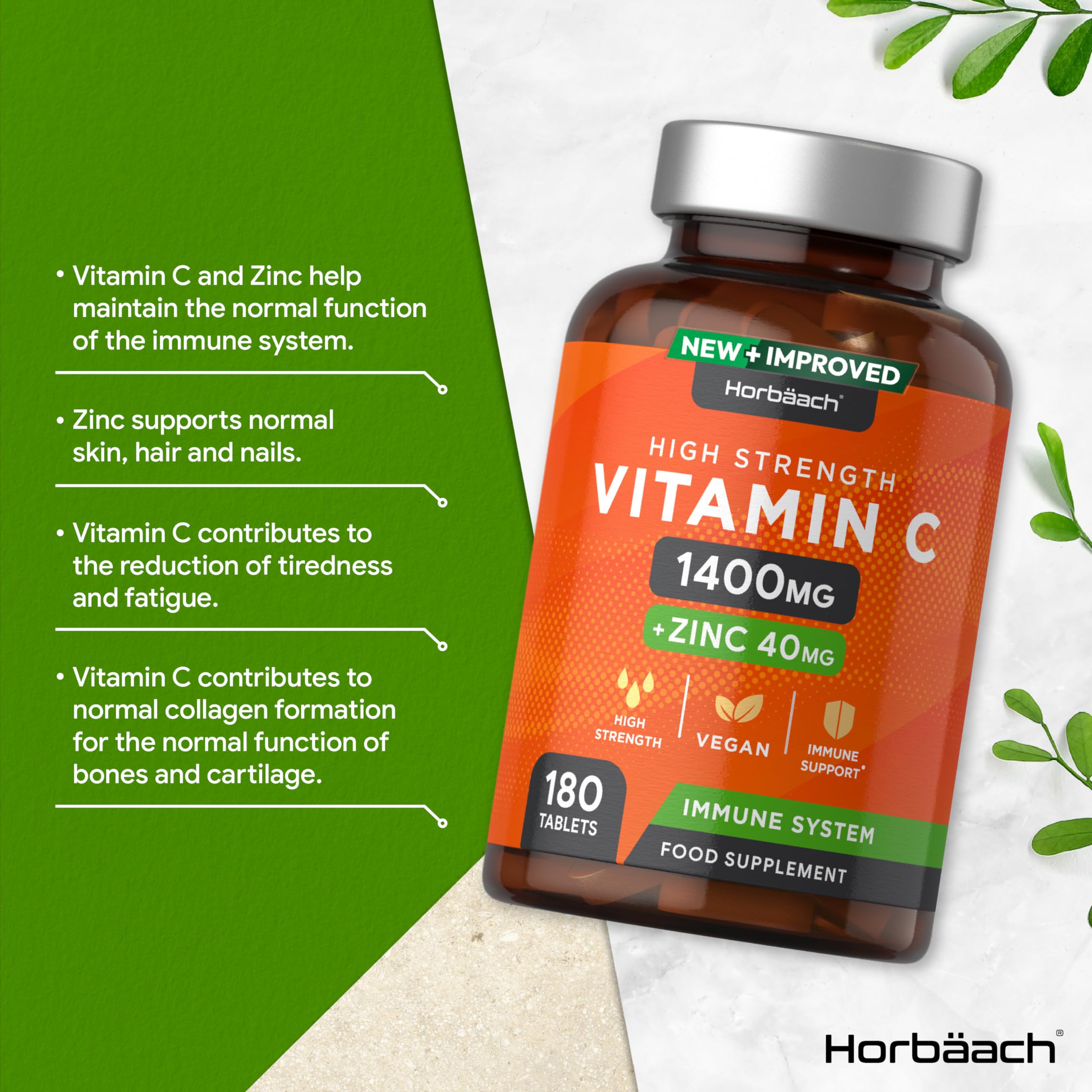 Vitamin C and Zinc | 180 Vegan Tablets | High Strength Vitamin C 1400mg and Zinc 40mg