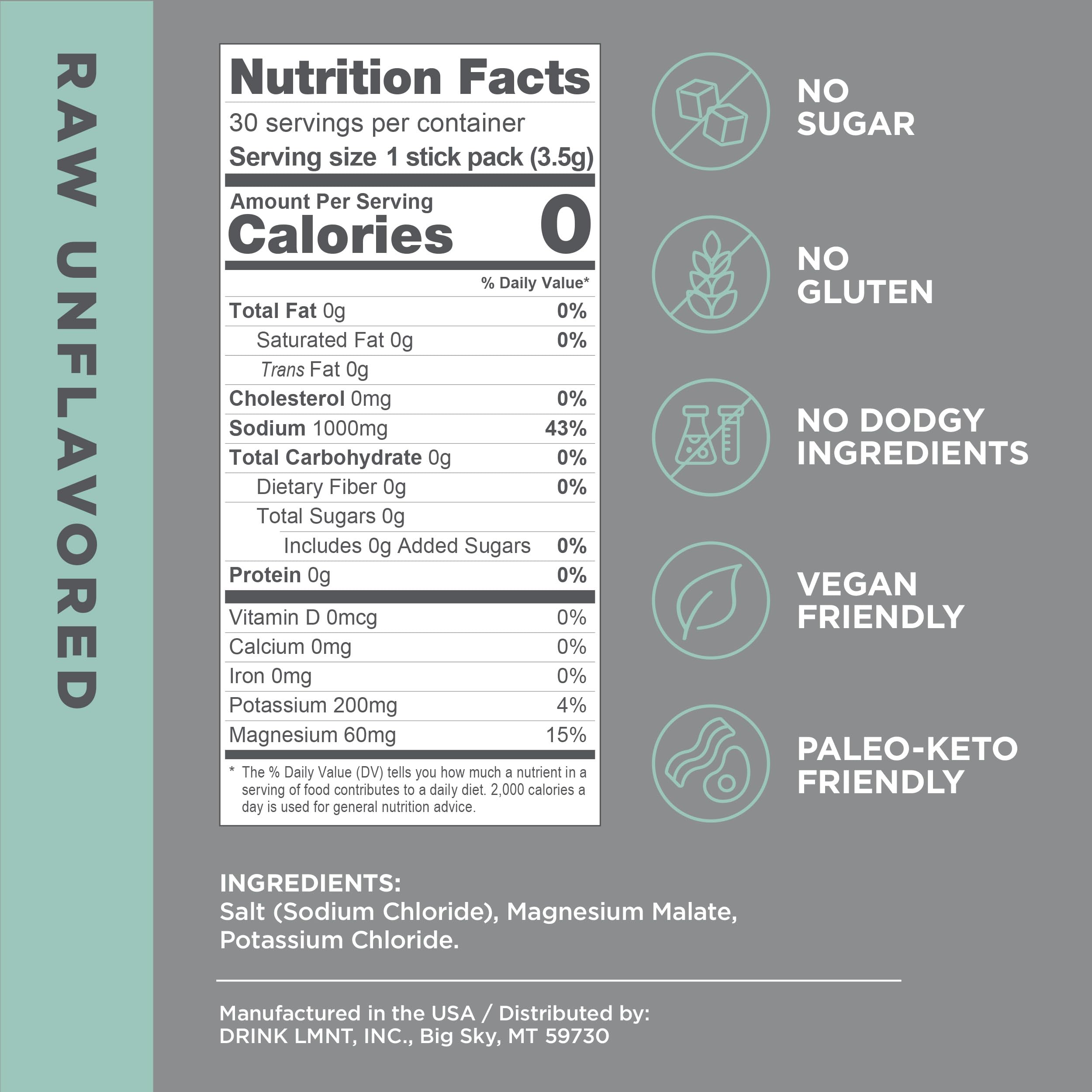 LMNT Zero-Sugar Electrolytes - Raw Unflavored Salt - Hydration Powder Packets