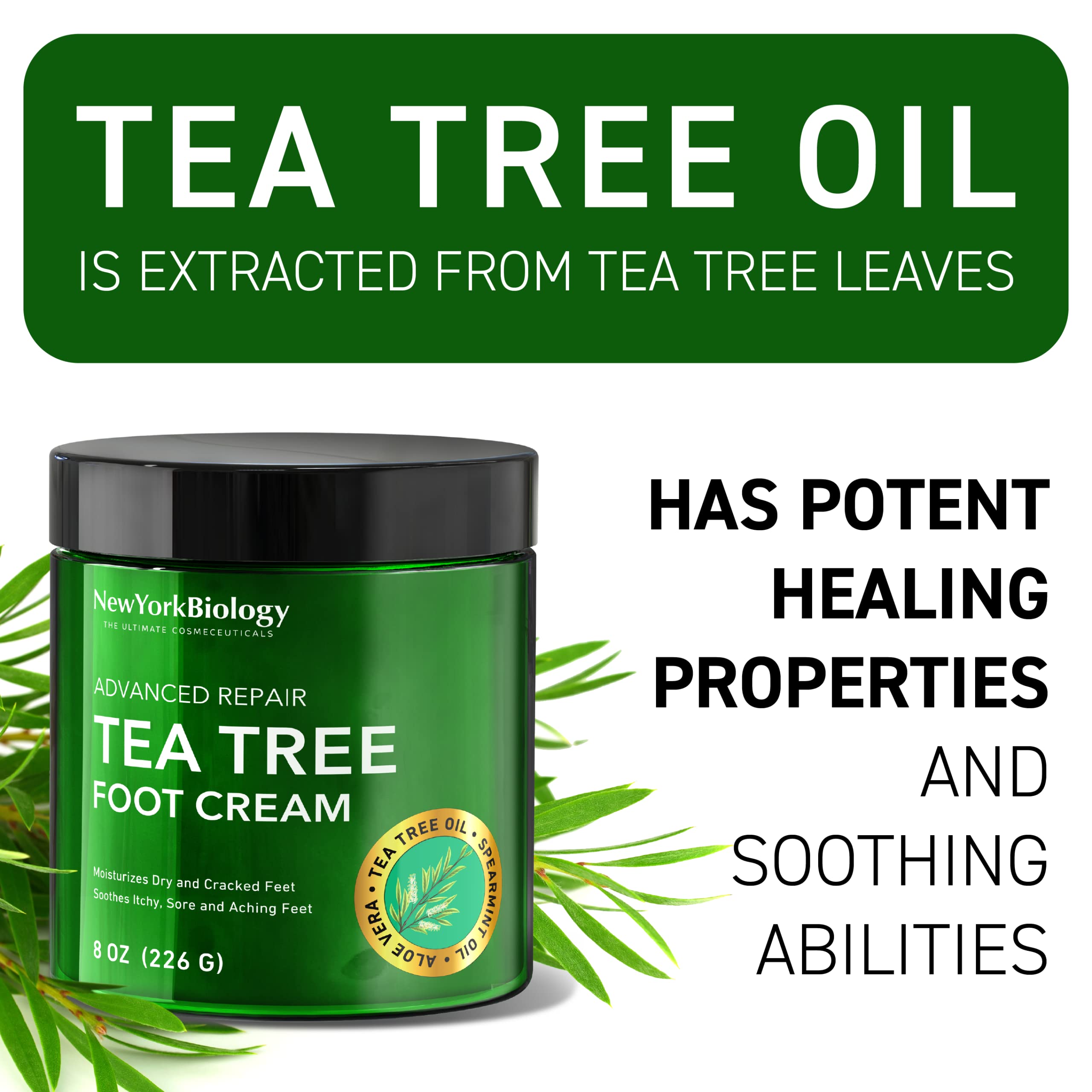 New York Biology Tea Tree Oil Foot Cream for Dry Cracked Feet, Athletes Foot, Nail Fungus