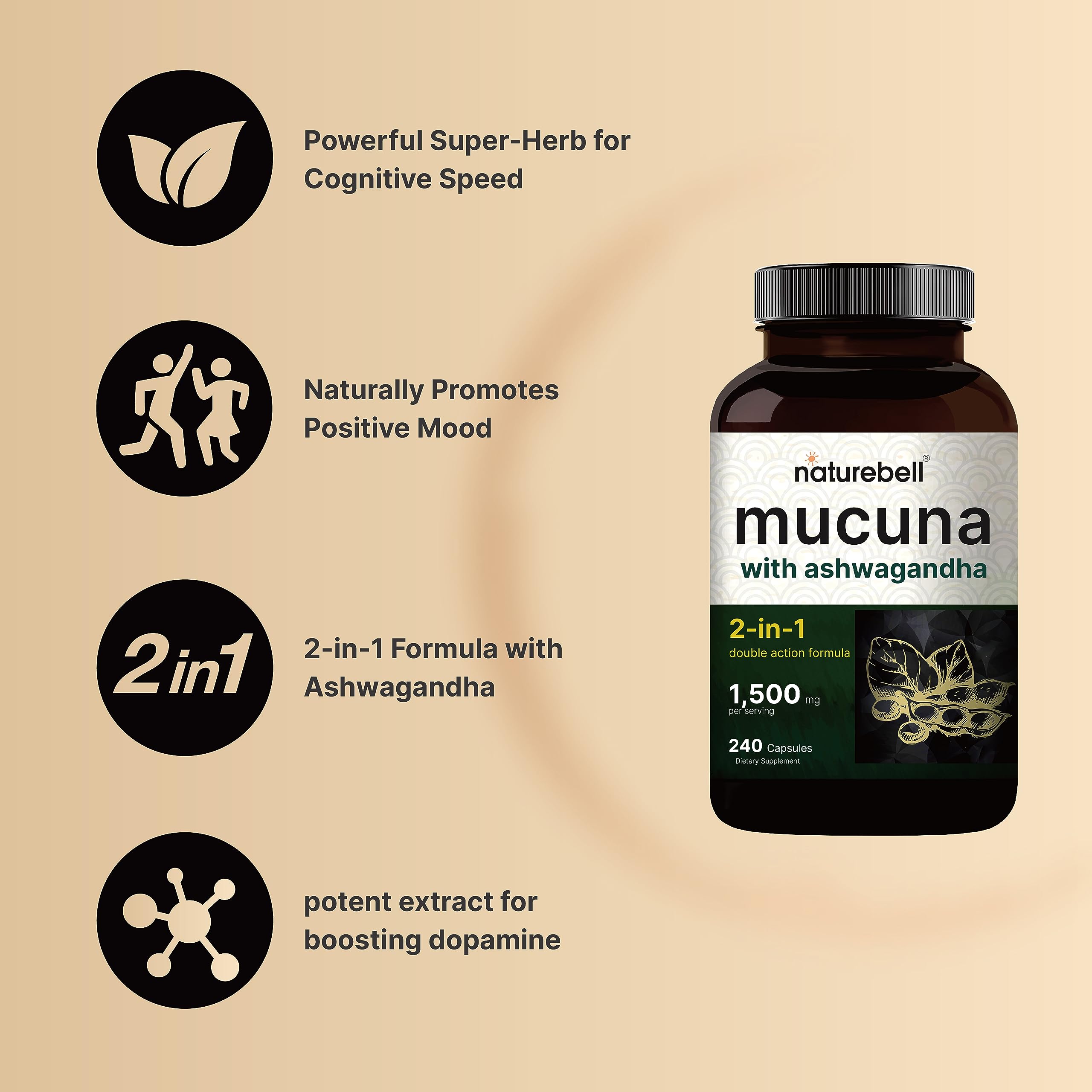 2 Pack NatureBell Mucuna Pruriens Capsules, 1500mg Per Serving, Made with Mucuna