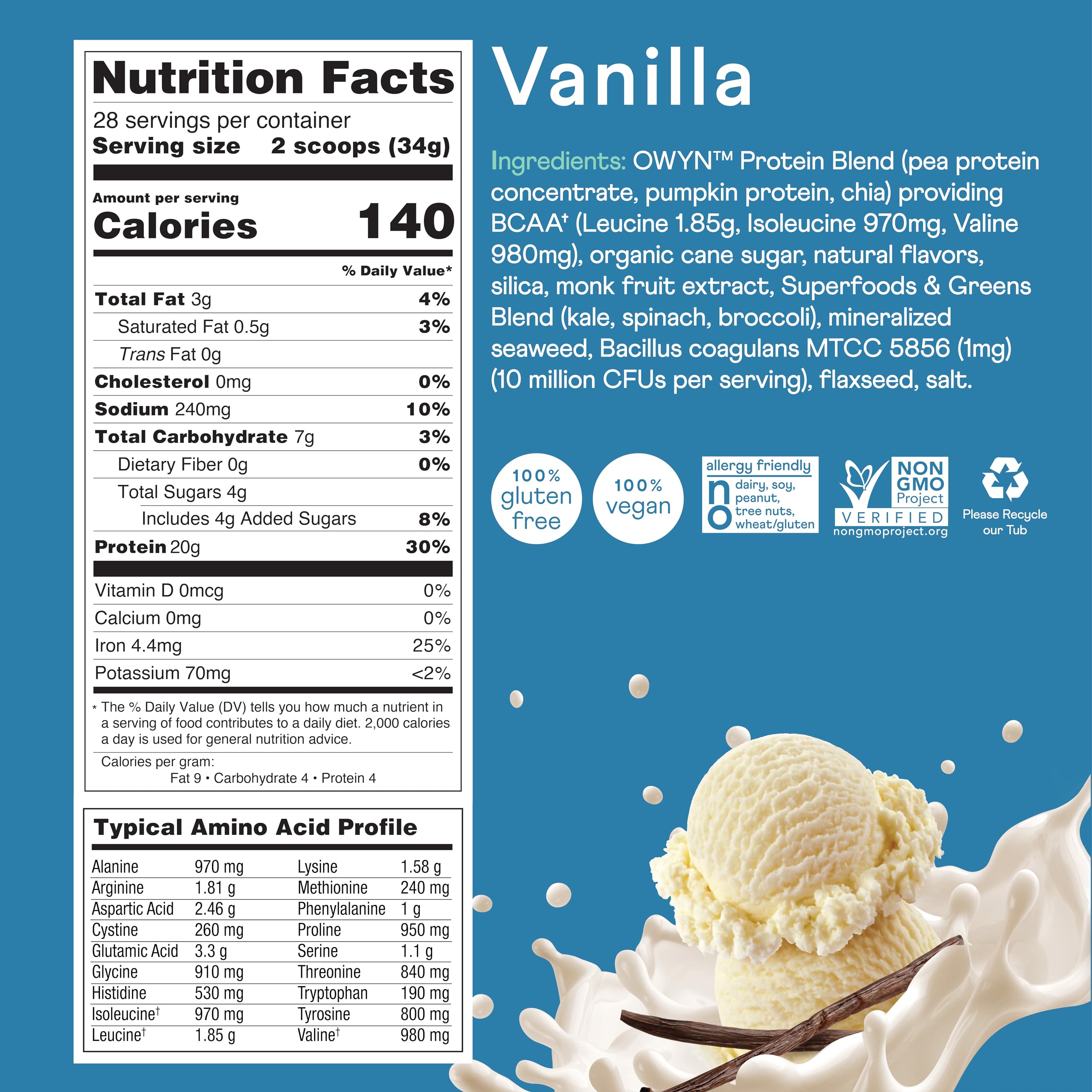 OWYN Only What You Need Plant Based Protein Powder with 20g Protein, Probiotics