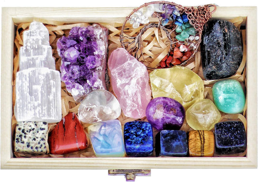 AtPerry's 16-Piece Natural Healing Crystal Set – Tumbled & Raw Stones in Wooden Box