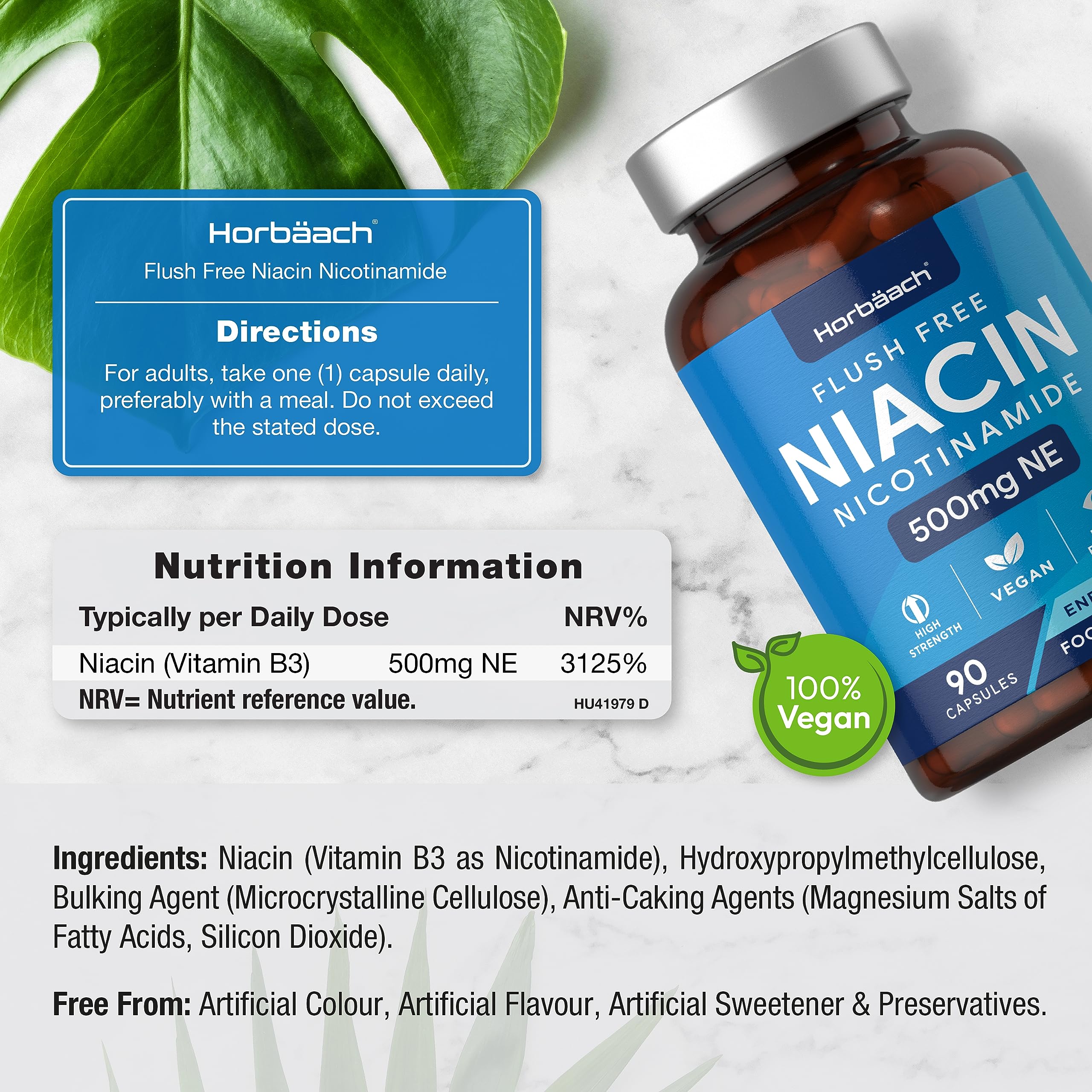 Vitamin B3 Niacin 500mg | 90 Vegan Capsules | Flush Free Nicotinamide Supplement