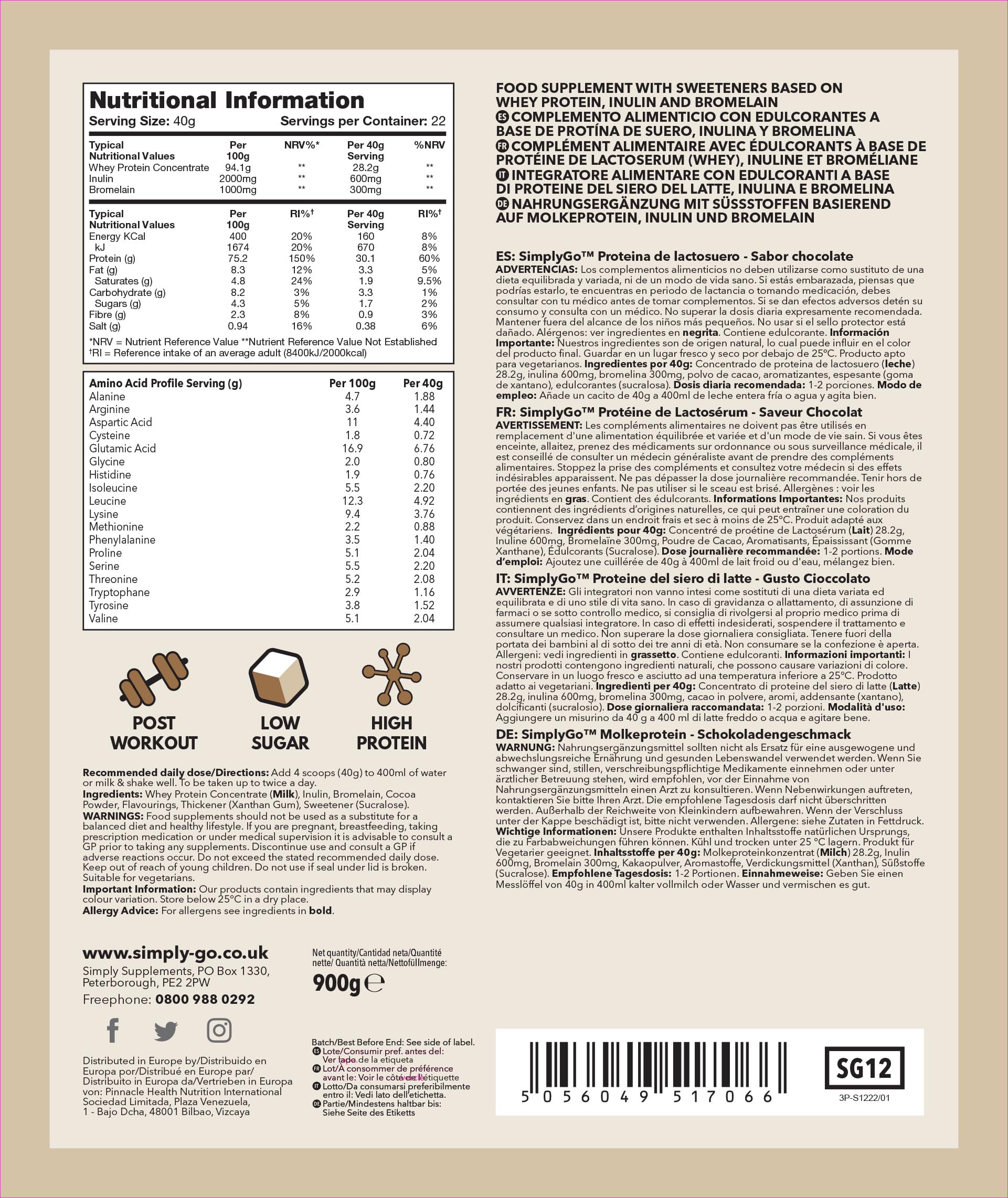 SimplyGo Whey Protein 900g Chocolate Flavour