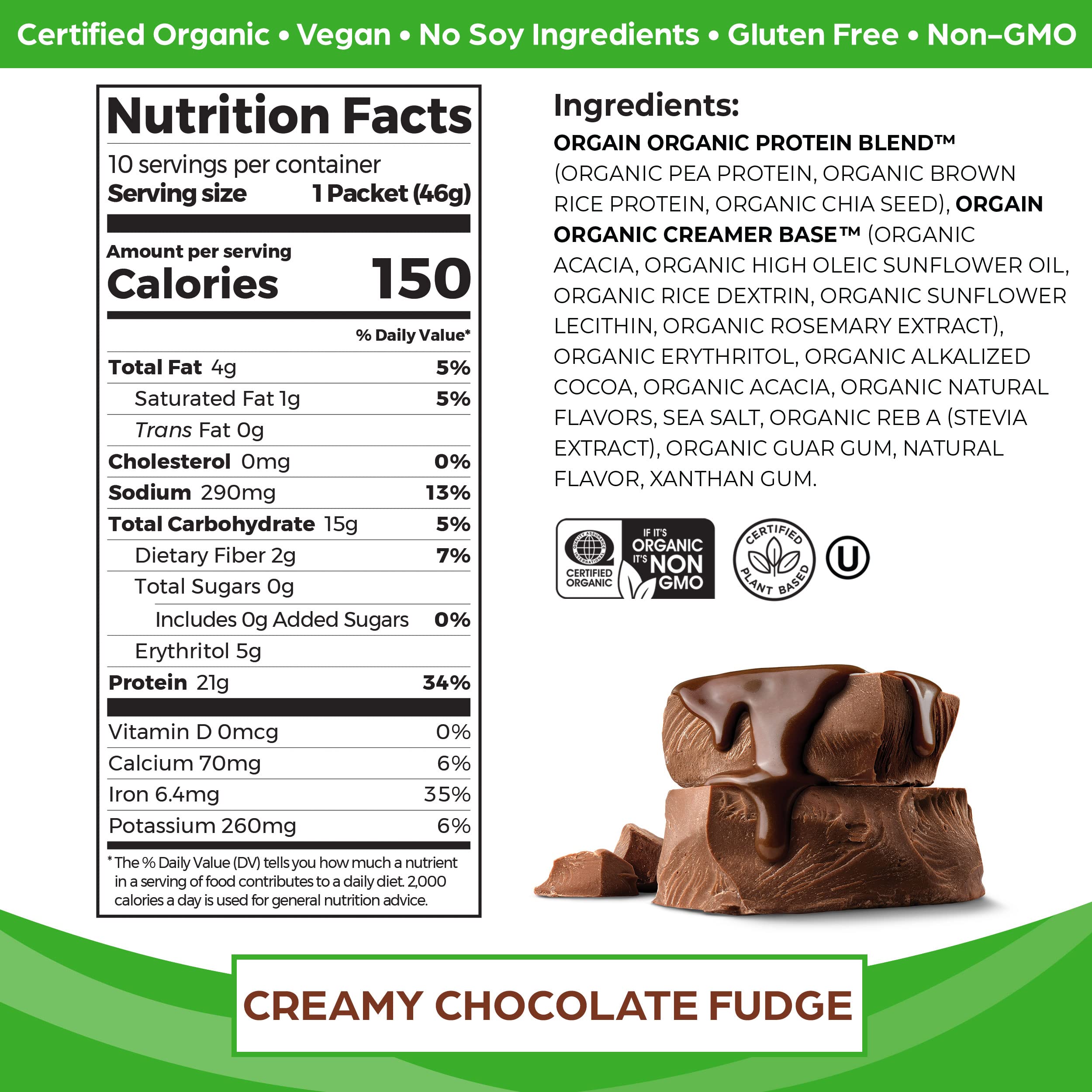 Orgain Organic Vegan Protein Powder, Chocolate Fudge - 21g Plant Based Protein, Gluten