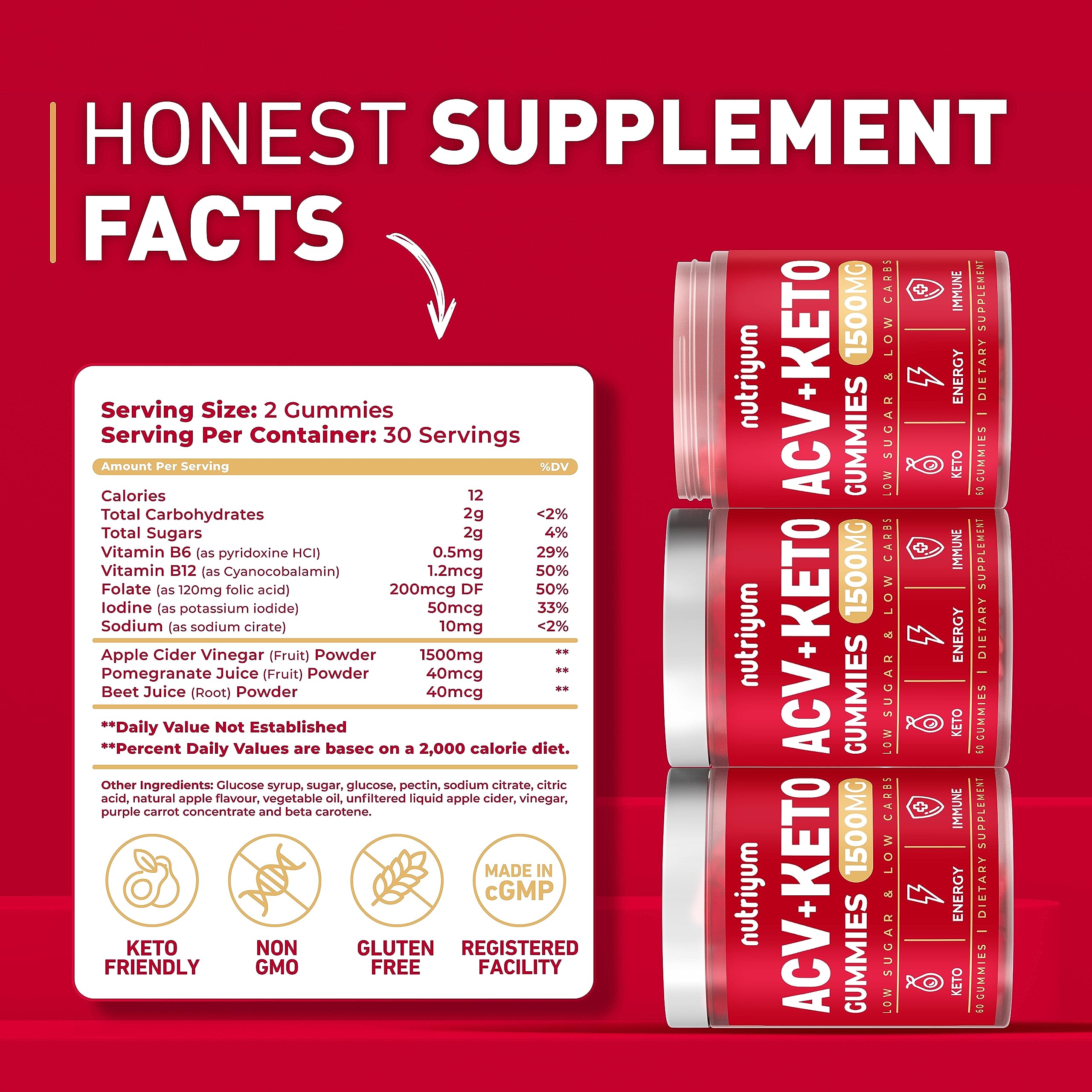 Keto ACV Gummies 1500 mg - Gelatin-Free Apple Cider Vinegar Gummies - Low Carbs