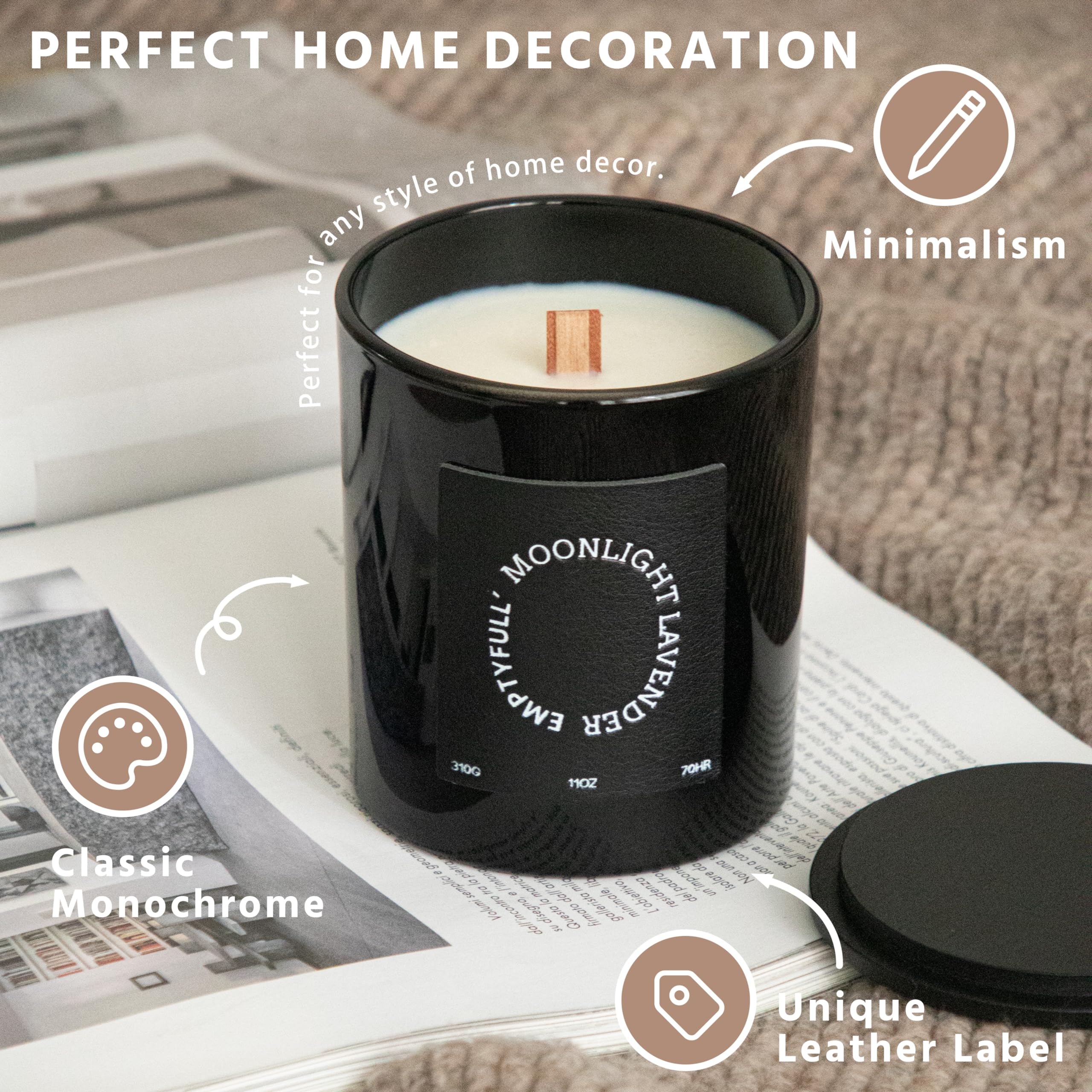 EMPTYFULL Lavender Scented Candles, Wood Wick, 11 oz Large Candle, Natural Soy Candles