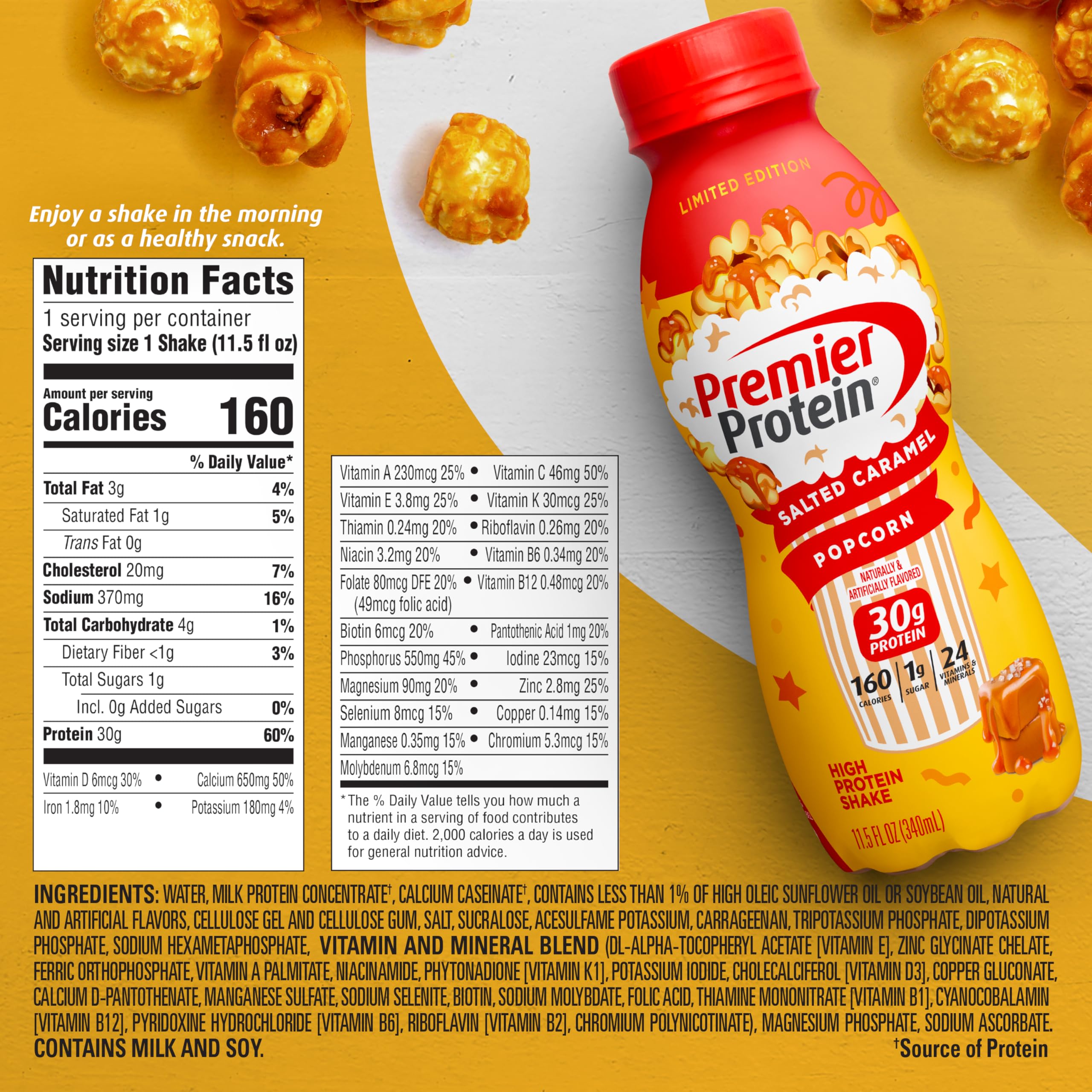Premier Protein Shake Limited Edition Salted Caramel Popcorn, 30g 1g Sugar 24 Vitamins