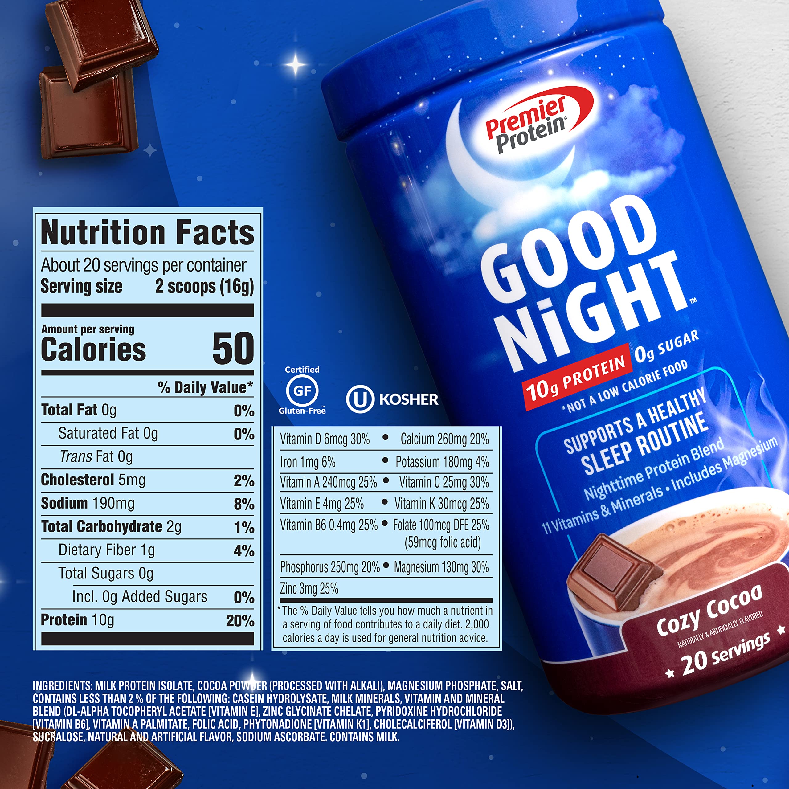 Premier Protein Good Night Protein Powder, Hot Cocoa Mix, 10g Protein, 0g Sugar